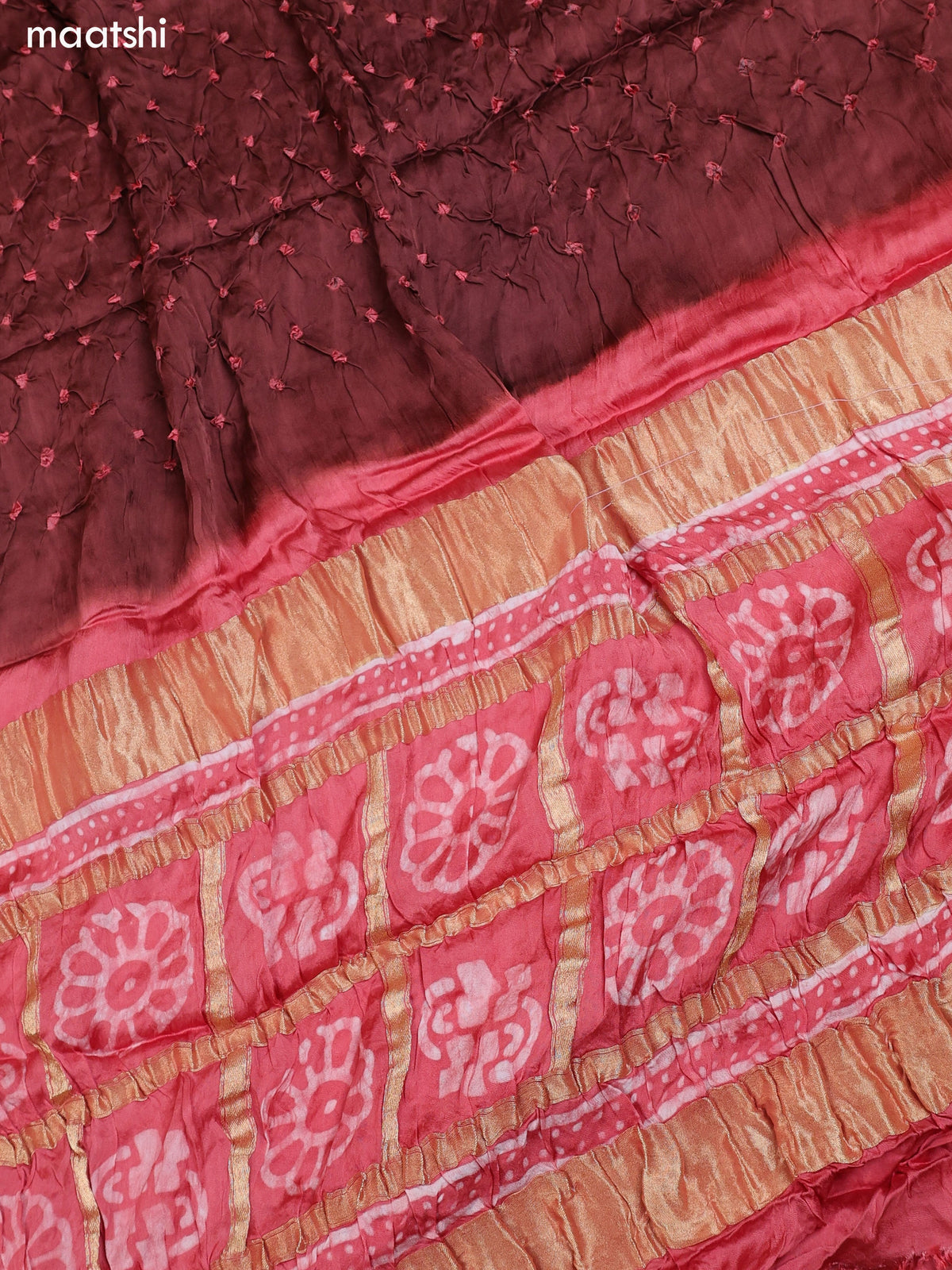 Peach and Brown Gaji Silk Dress Material With Bandhani Prints and Bottom & Dupatta