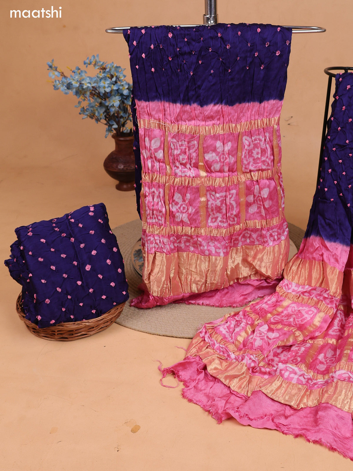 Pink and Blue Gaji Silk Dress Material With Bandhani Prints and Bottom & Dupatta