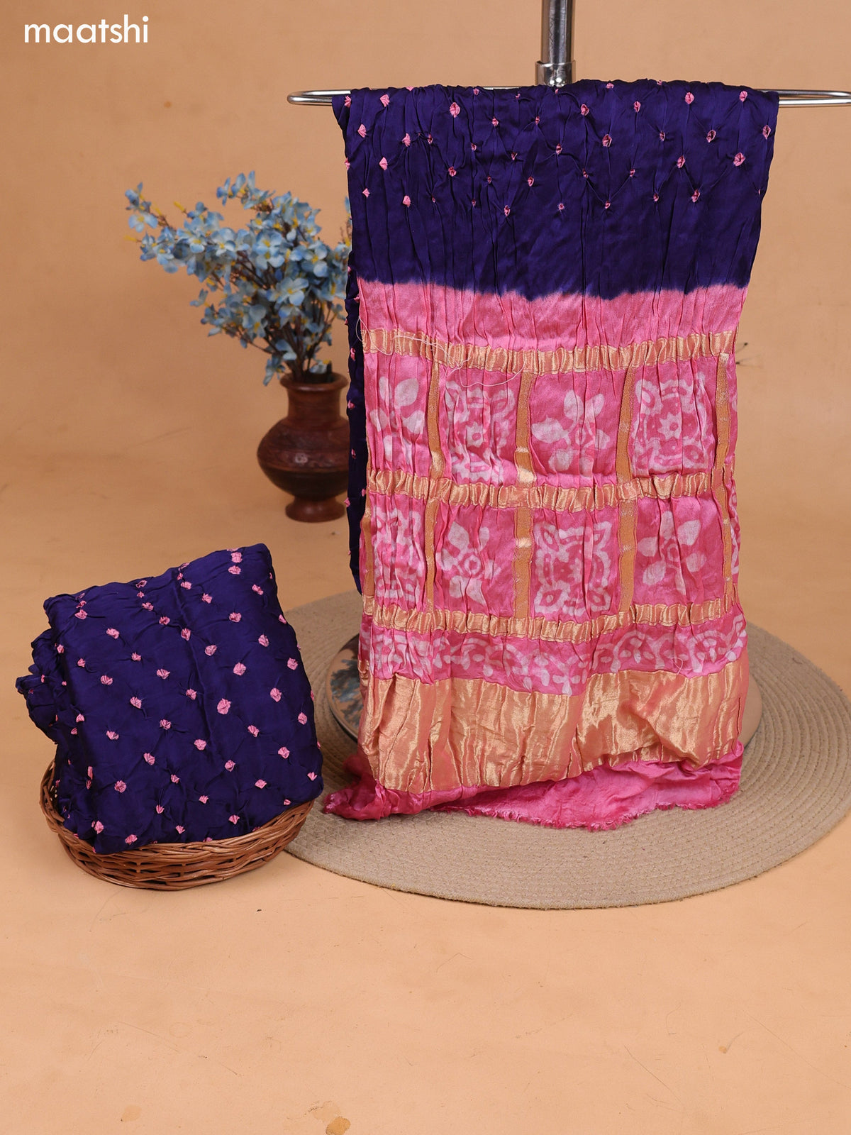 Pink and Blue Gaji Silk Dress Material With Bandhani Prints and Bottom & Dupatta