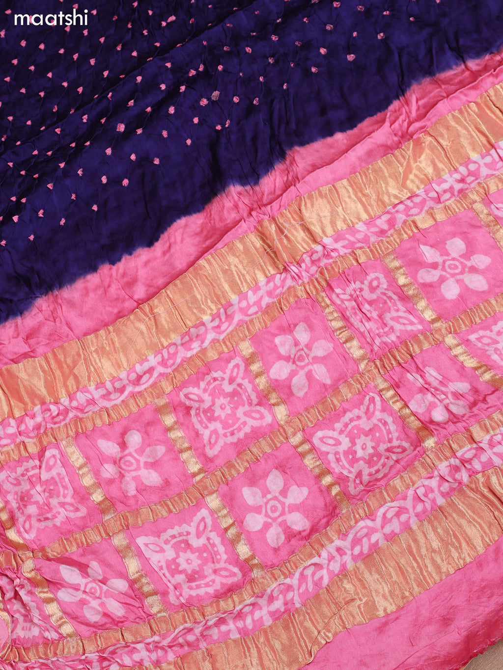 Pink and Blue Gaji Silk Dress Material With Bandhani Prints and Bottom & Dupatta