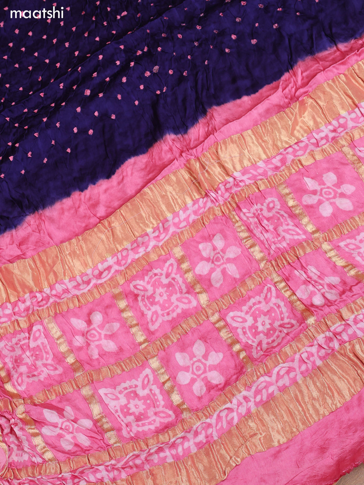 Pink and Blue Gaji Silk Dress Material With Bandhani Prints and Bottom & Dupatta