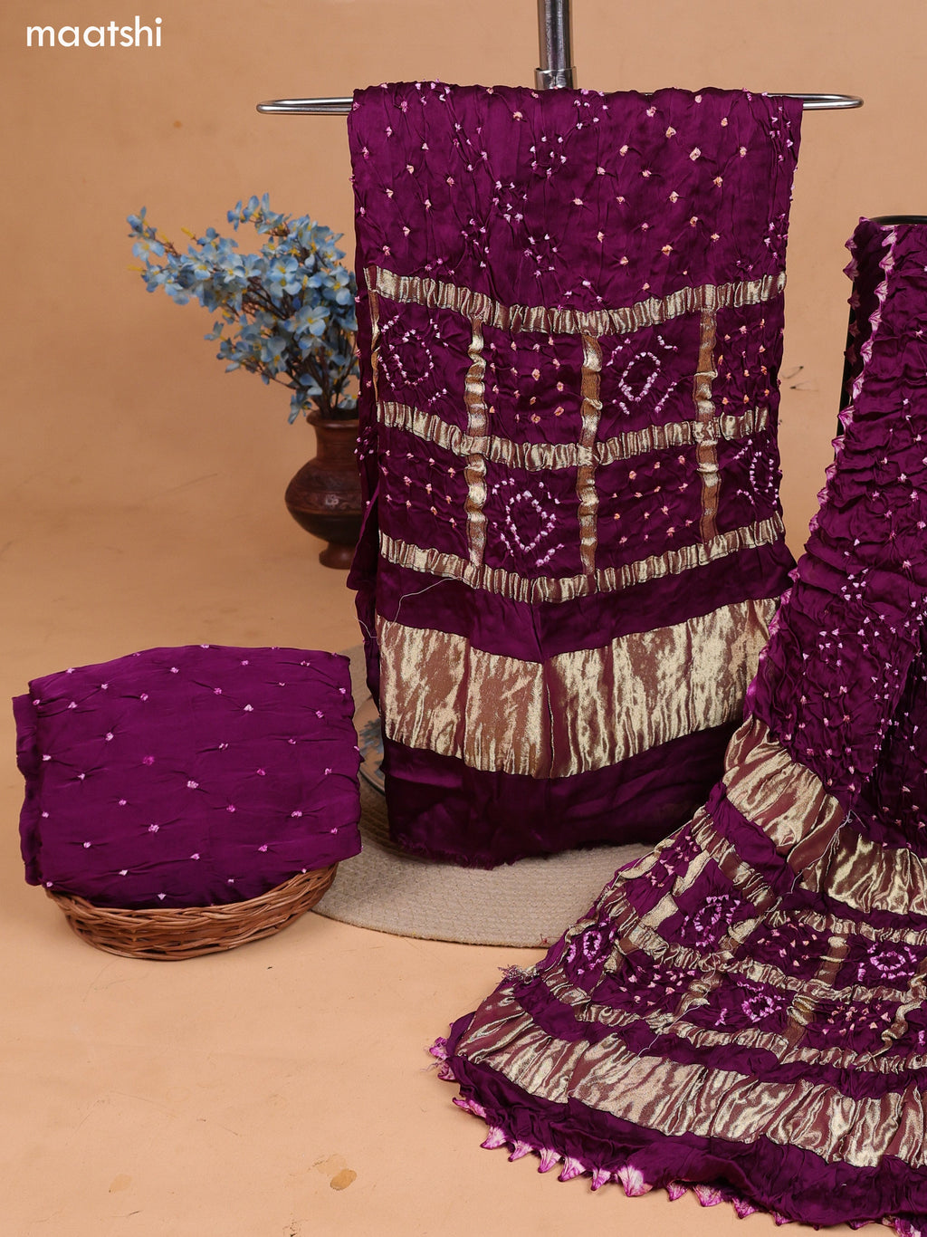 Purple Gaji Silk Dress Material With Bandhani Prints and Bottom & Dupatta