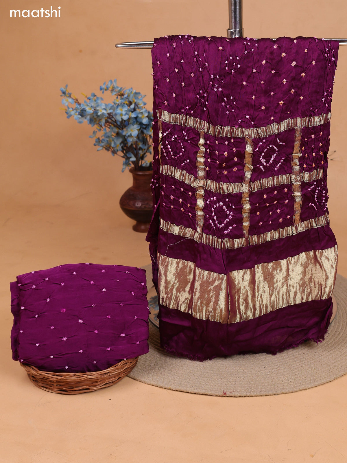 Purple Gaji Silk Dress Material With Bandhani Prints and Bottom & Dupatta