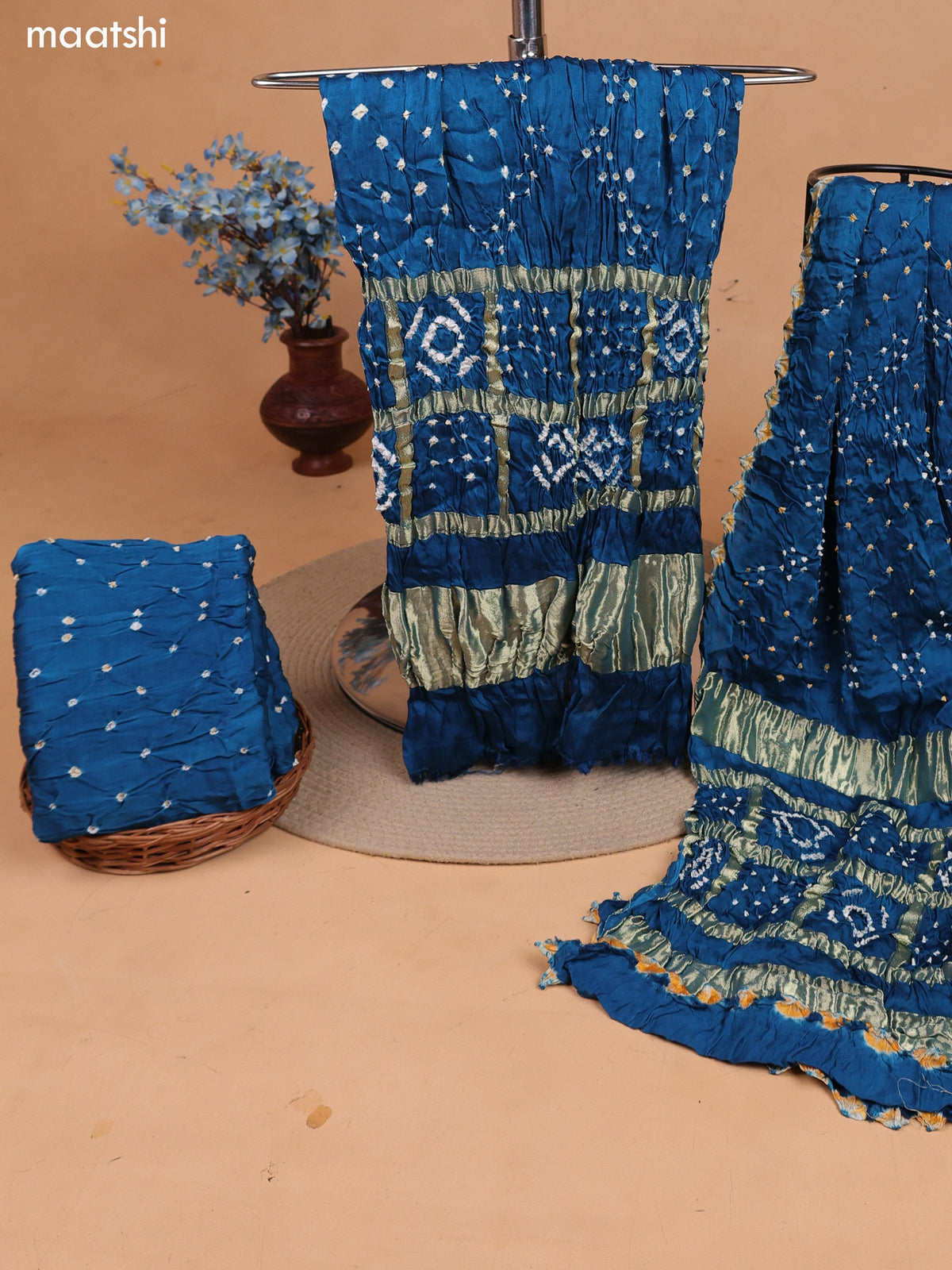 Peacock Blue Gaji Silk Dress Material With Bandhani Prints and Bottom & Dupatta