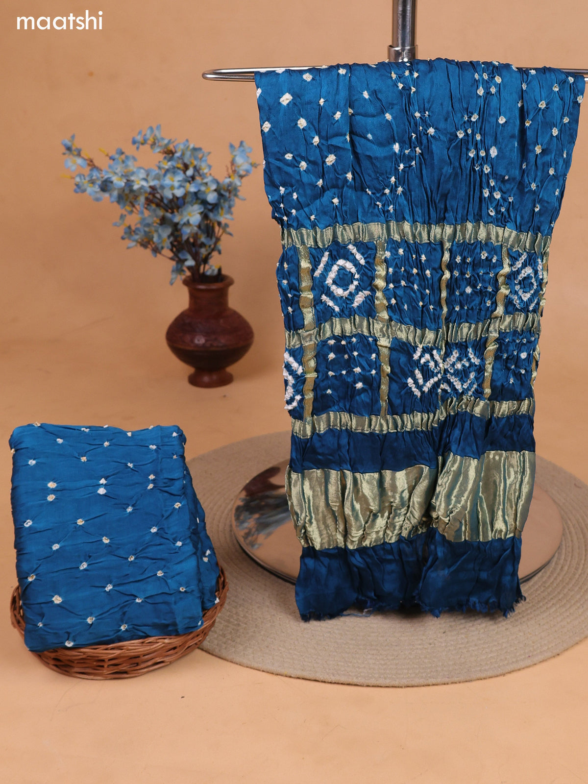 Peacock Blue Gaji Silk Dress Material With Bandhani Prints and Bottom & Dupatta