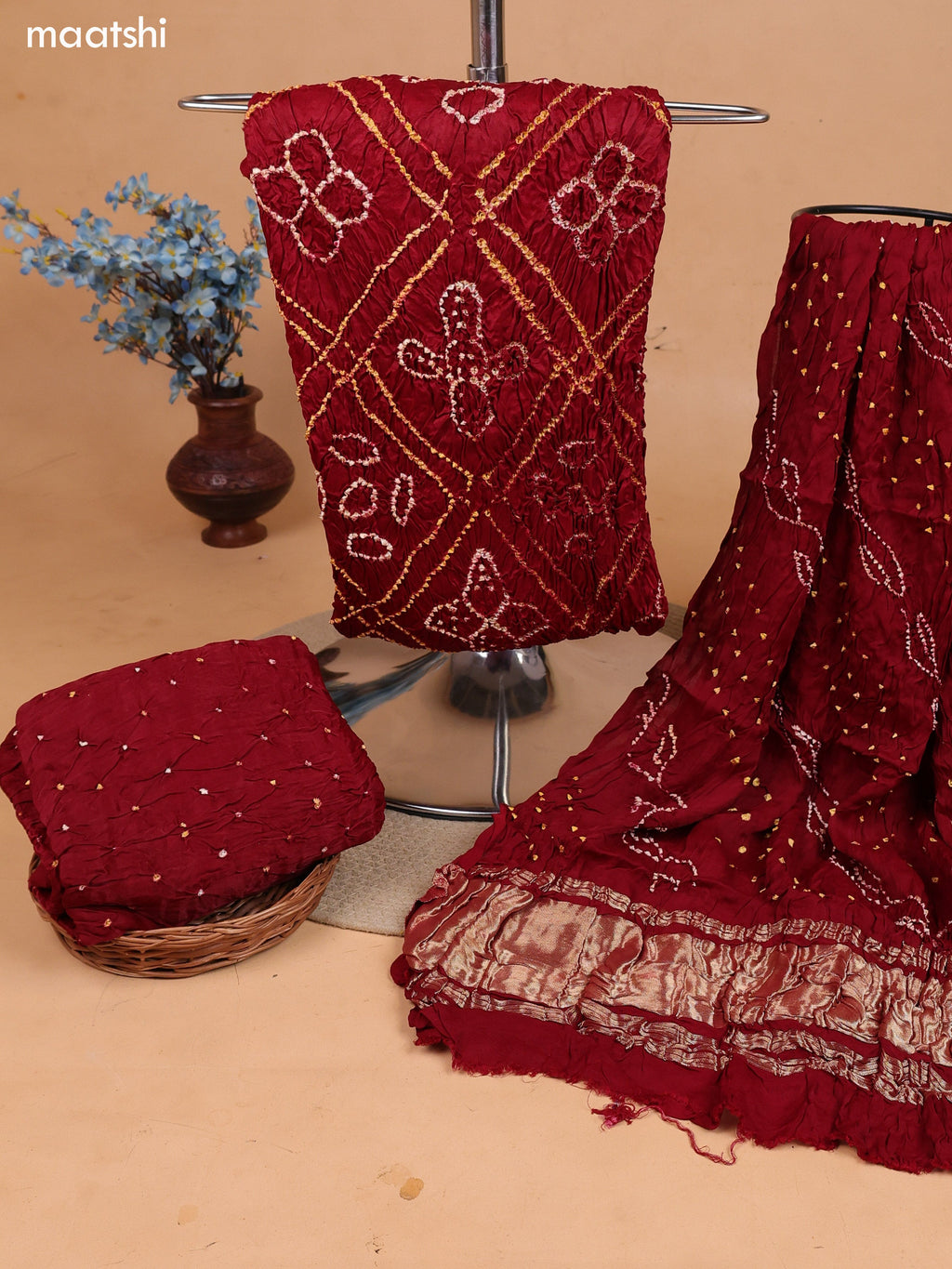 Maroon Gaji Silk Dress Material With Bandhani Prints and Bottom & Dupatta