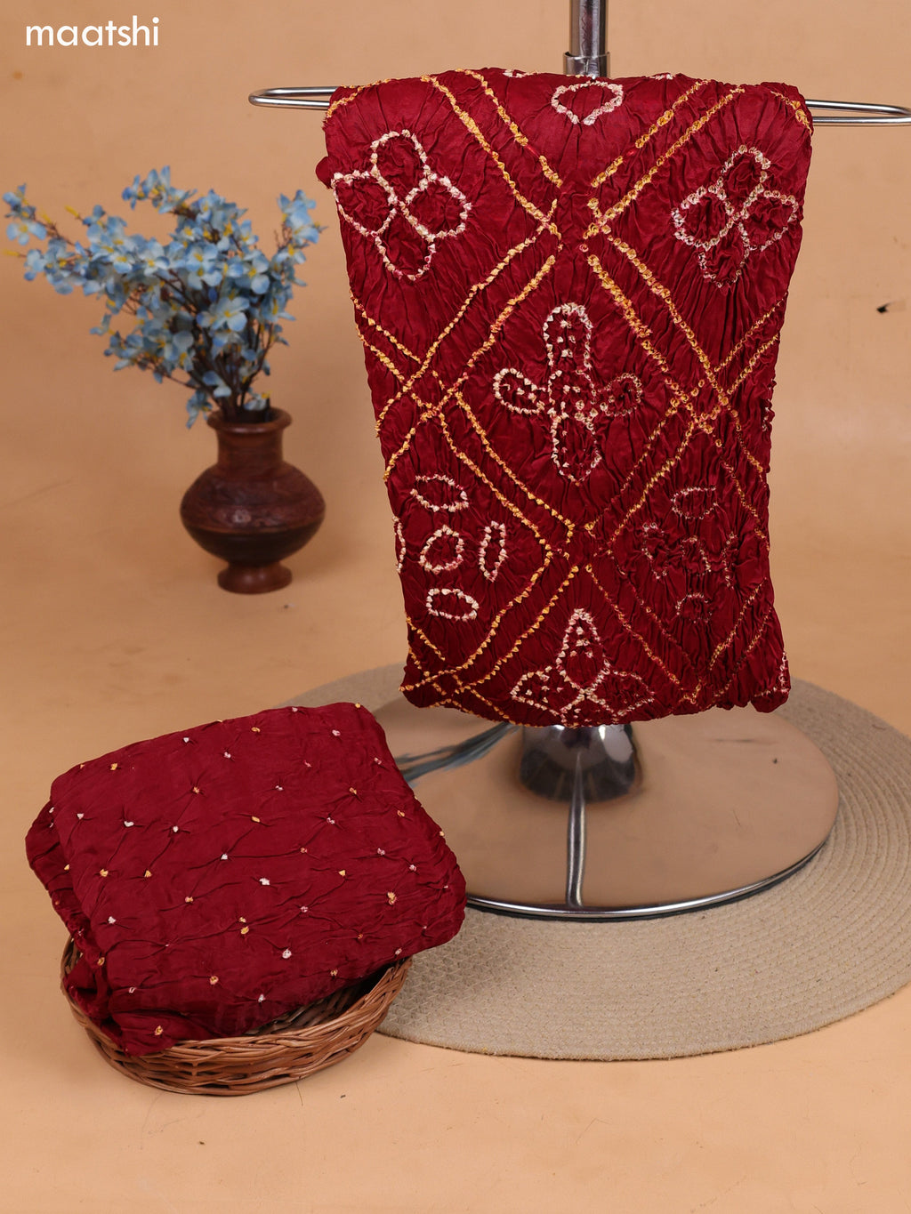 Maroon Gaji Silk Dress Material With Bandhani Prints and Bottom & Dupatta