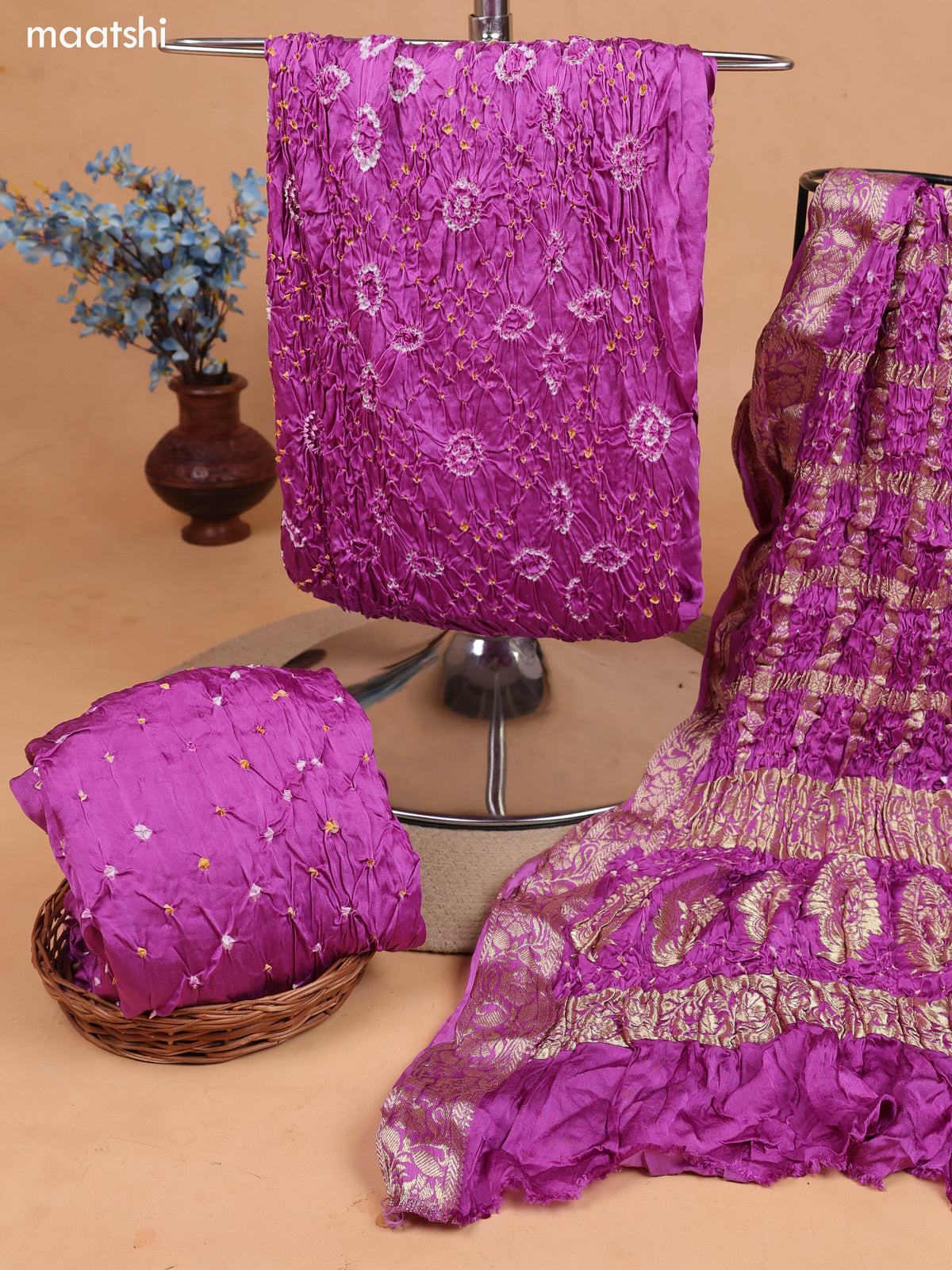 Lavender Gaji Silk Dress Material With Bandhani Prints and Bottom & Dupatta