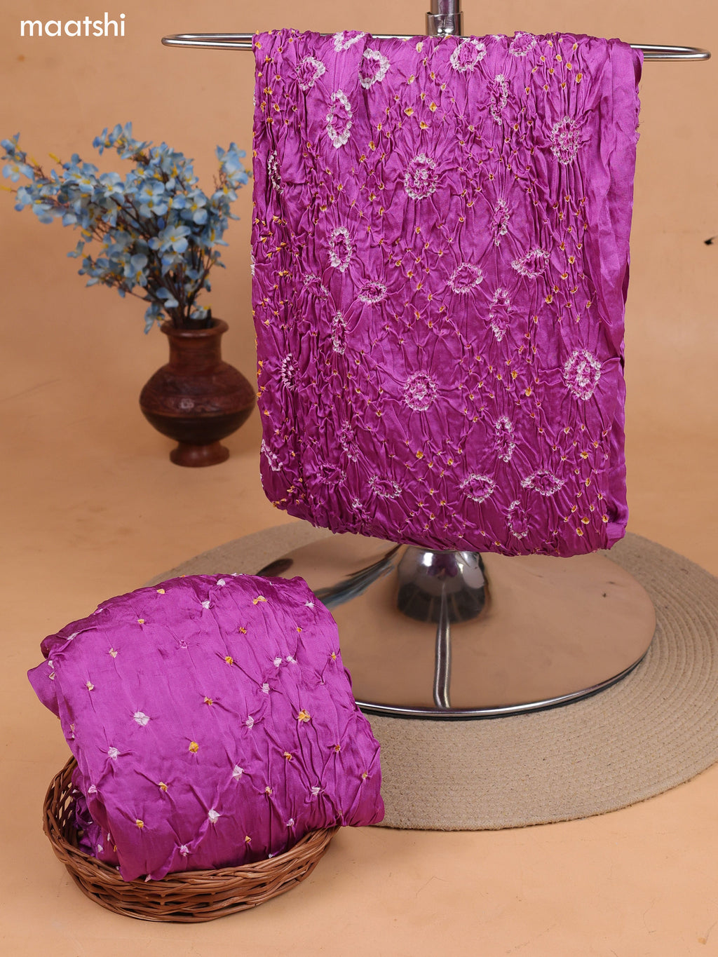 Lavender Gaji Silk Dress Material With Bandhani Prints and Bottom & Dupatta