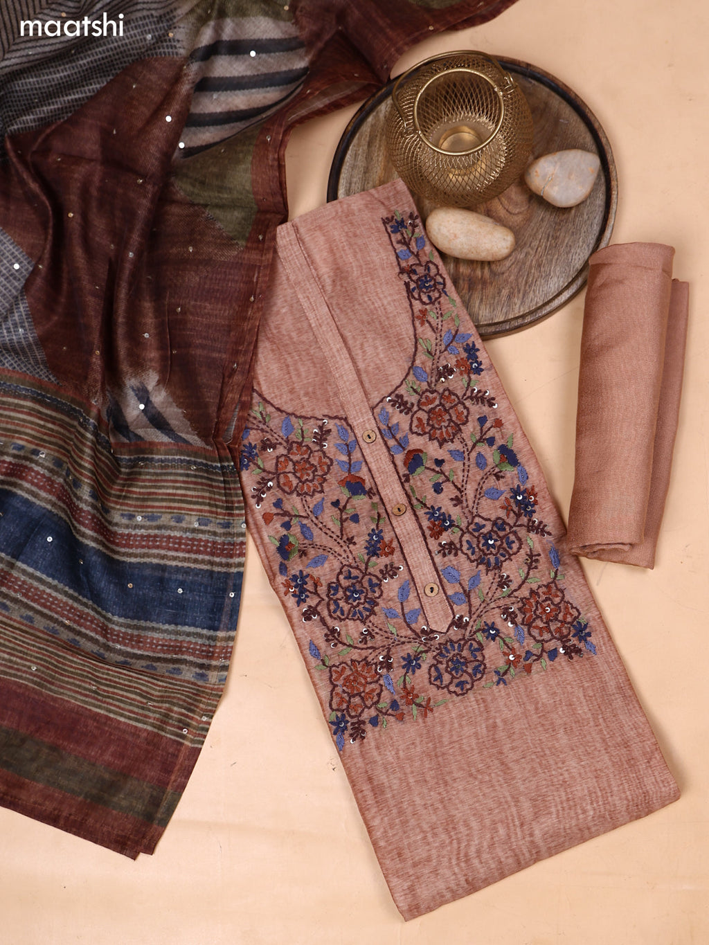 Pastel Brown and Pastel Green Mul Chanderi Dress Material With Embroidery Work Neck Pattern and Bottom & Dupatta