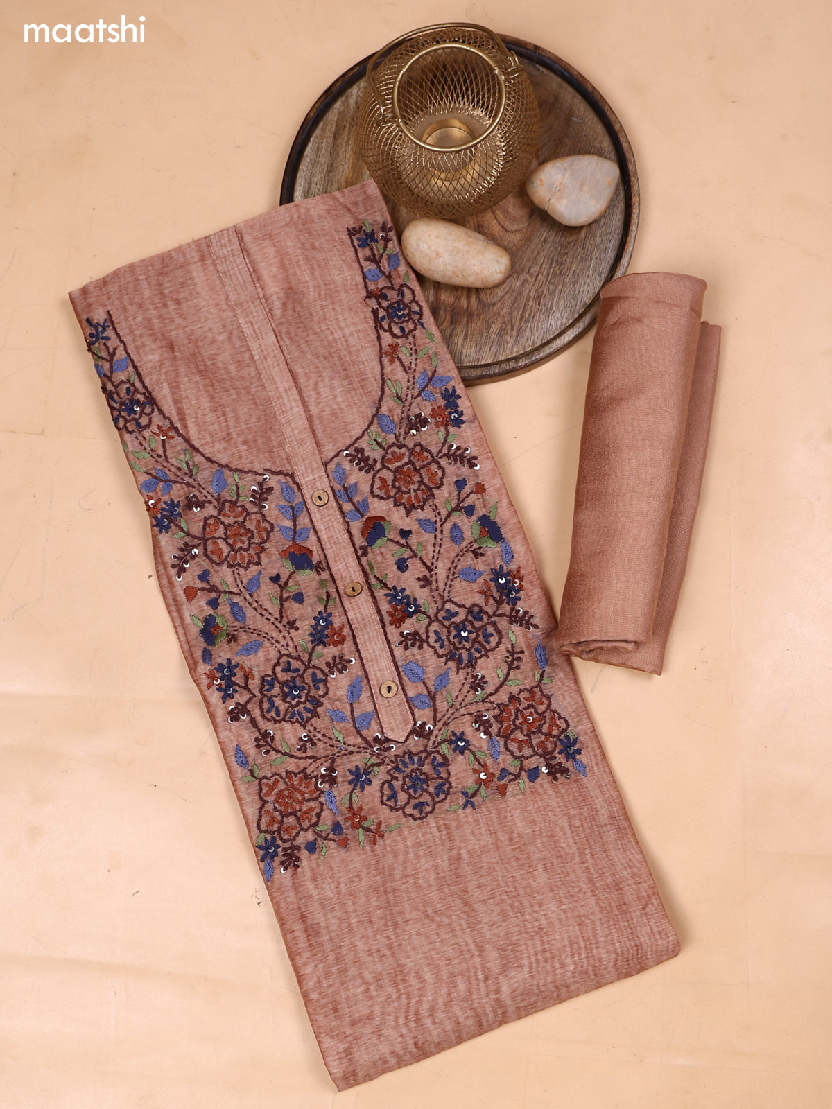 Pastel Brown and Pastel Green Mul Chanderi Dress Material With Embroidery Work Neck Pattern and Bottom & Dupatta