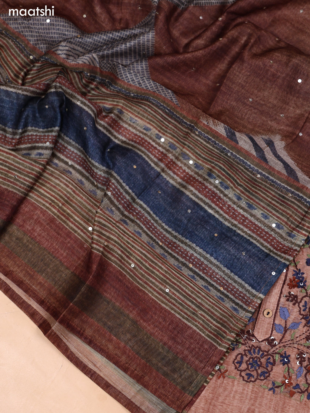 Pastel Brown and Pastel Green Mul Chanderi Dress Material With Embroidery Work Neck Pattern and Bottom & Dupatta