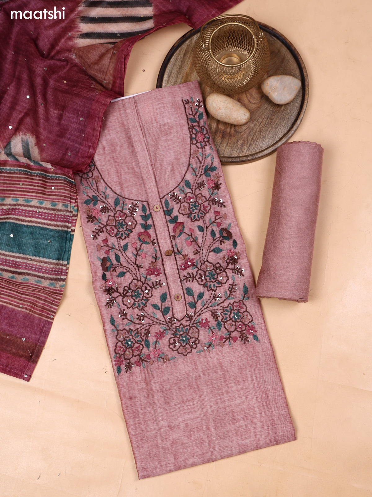 Dark Peach and Reddish Pink Mul Chanderi Dress Material With Embroidery Work Neck Pattern and Bottom & Dupatta