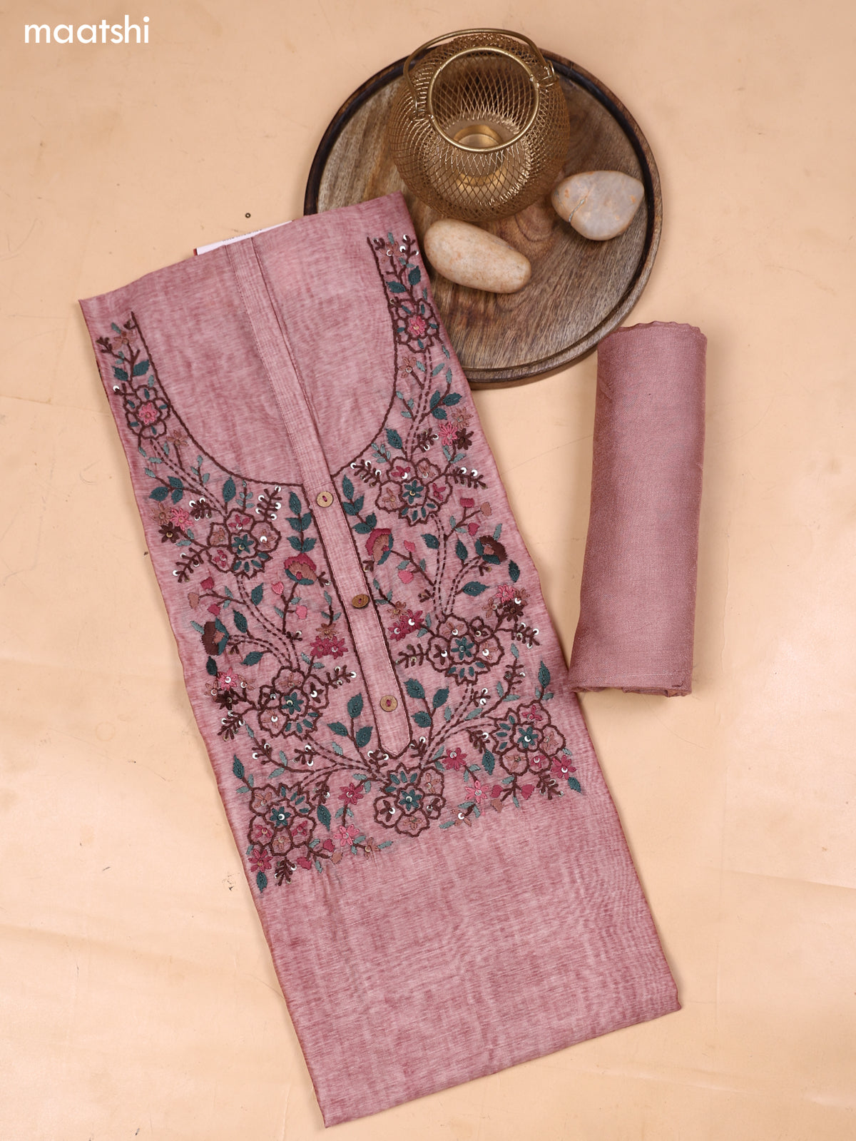 Dark Peach and Reddish Pink Mul Chanderi Dress Material With Embroidery Work Neck Pattern and Bottom & Dupatta