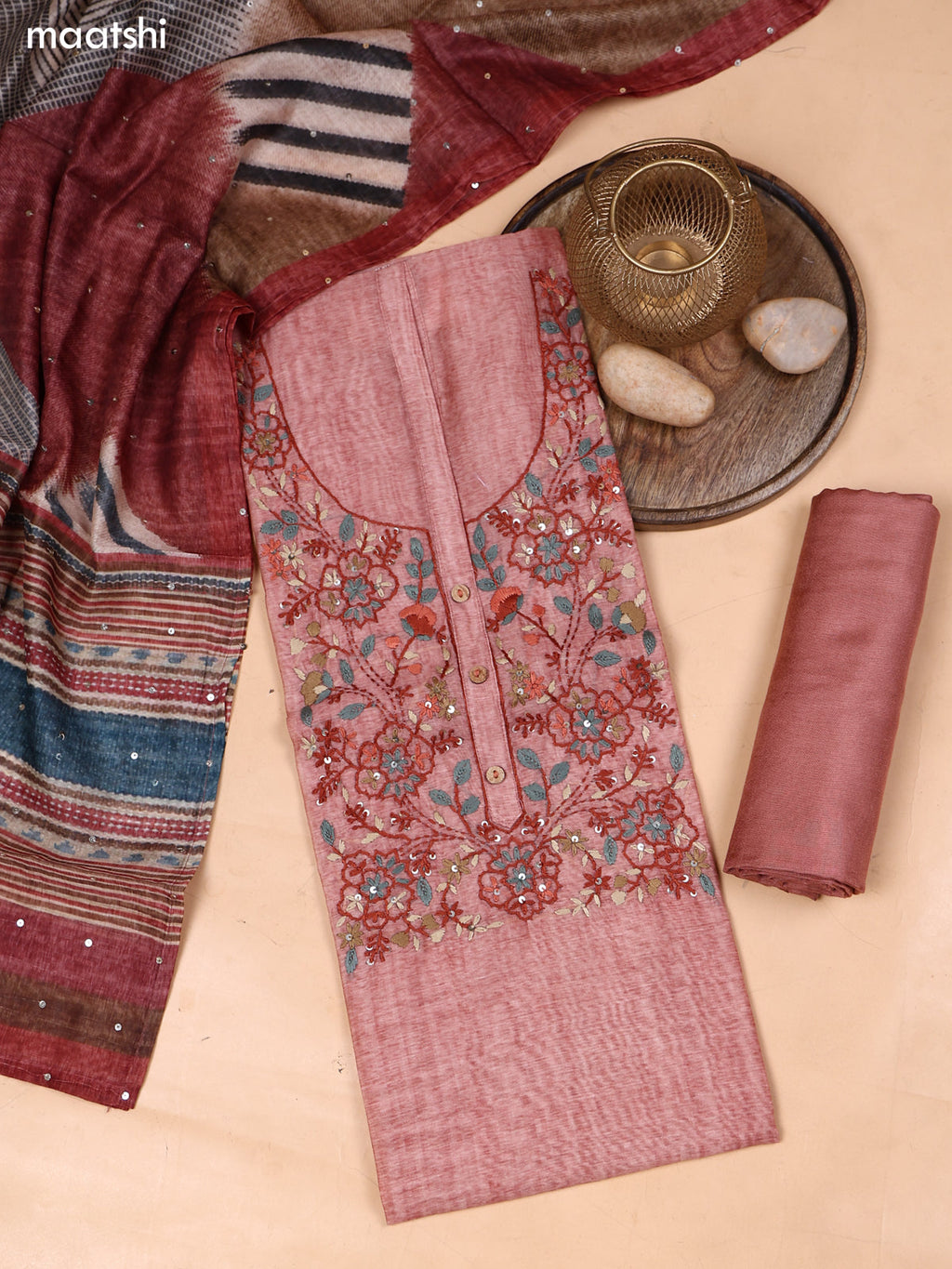 Peach Mul Chanderi Dress Material With Embroidery Work Neck Pattern and Bottom & Dupatta