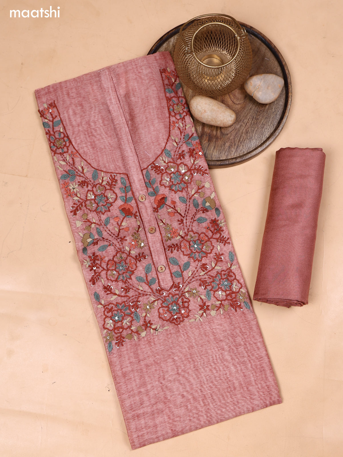 Peach Mul Chanderi Dress Material With Embroidery Work Neck Pattern and Bottom & Dupatta