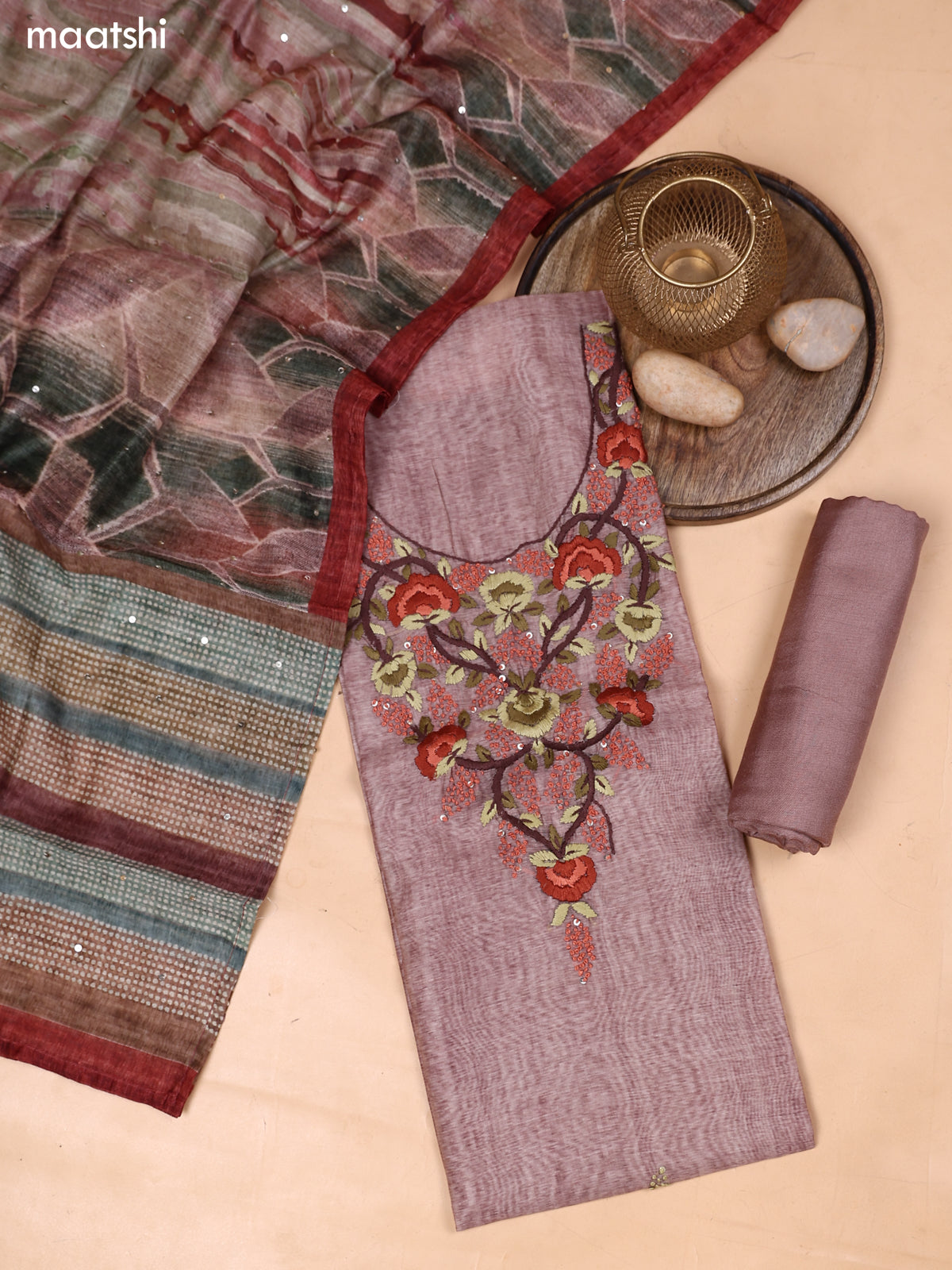 Pastel Brown and Rustic Brown Mul Chanderi Dress Material With Embroidery Work Neck Pattern and Bottom & Dupatta