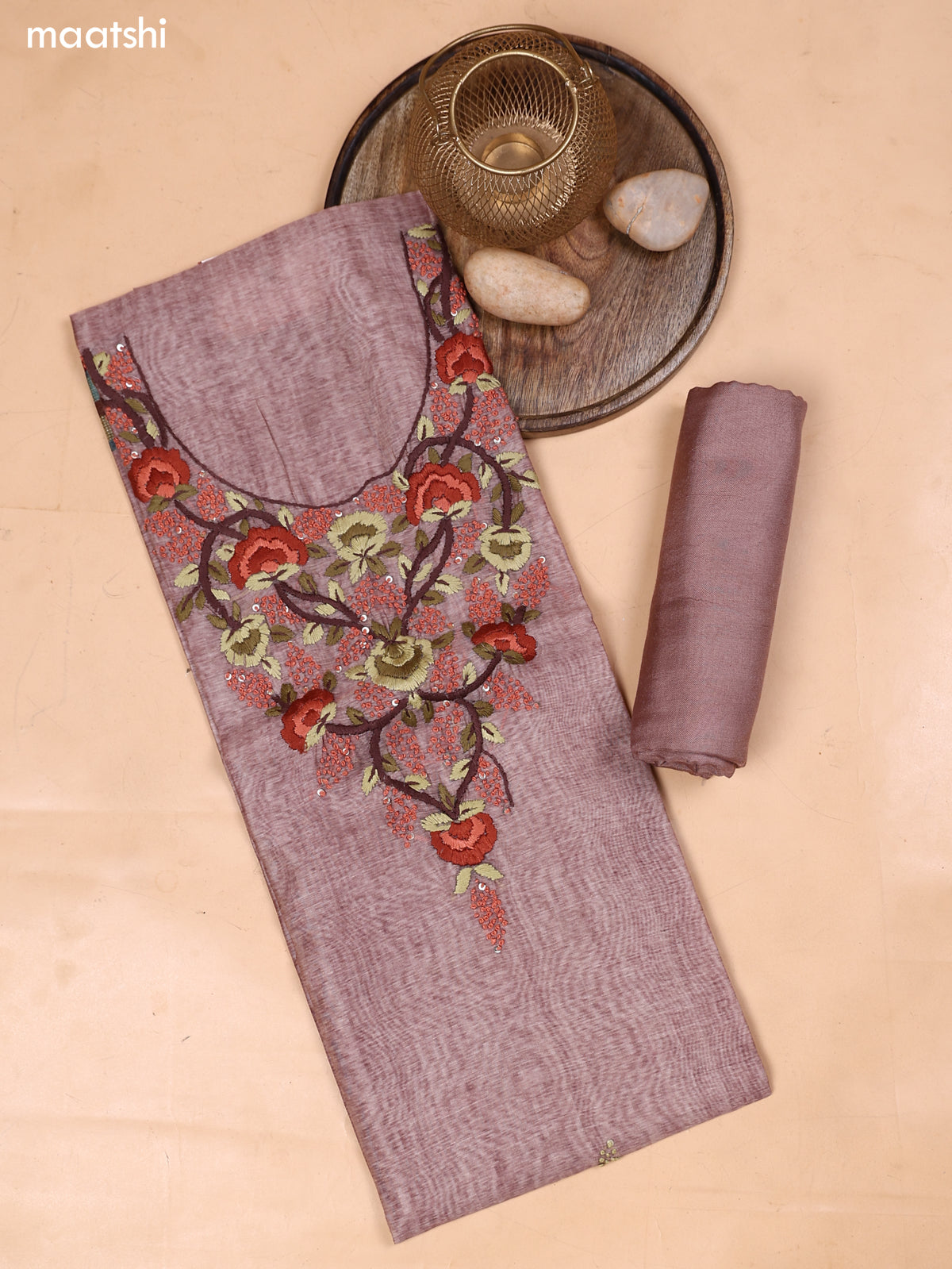 Pastel Brown and Rustic Brown Mul Chanderi Dress Material With Embroidery Work Neck Pattern and Bottom & Dupatta