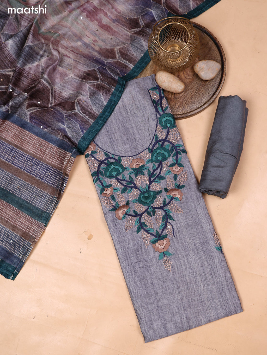 Grey and Blue Mul Chanderi Dress Material With Embroidery Work Neck Pattern and Bottom & Dupatta
