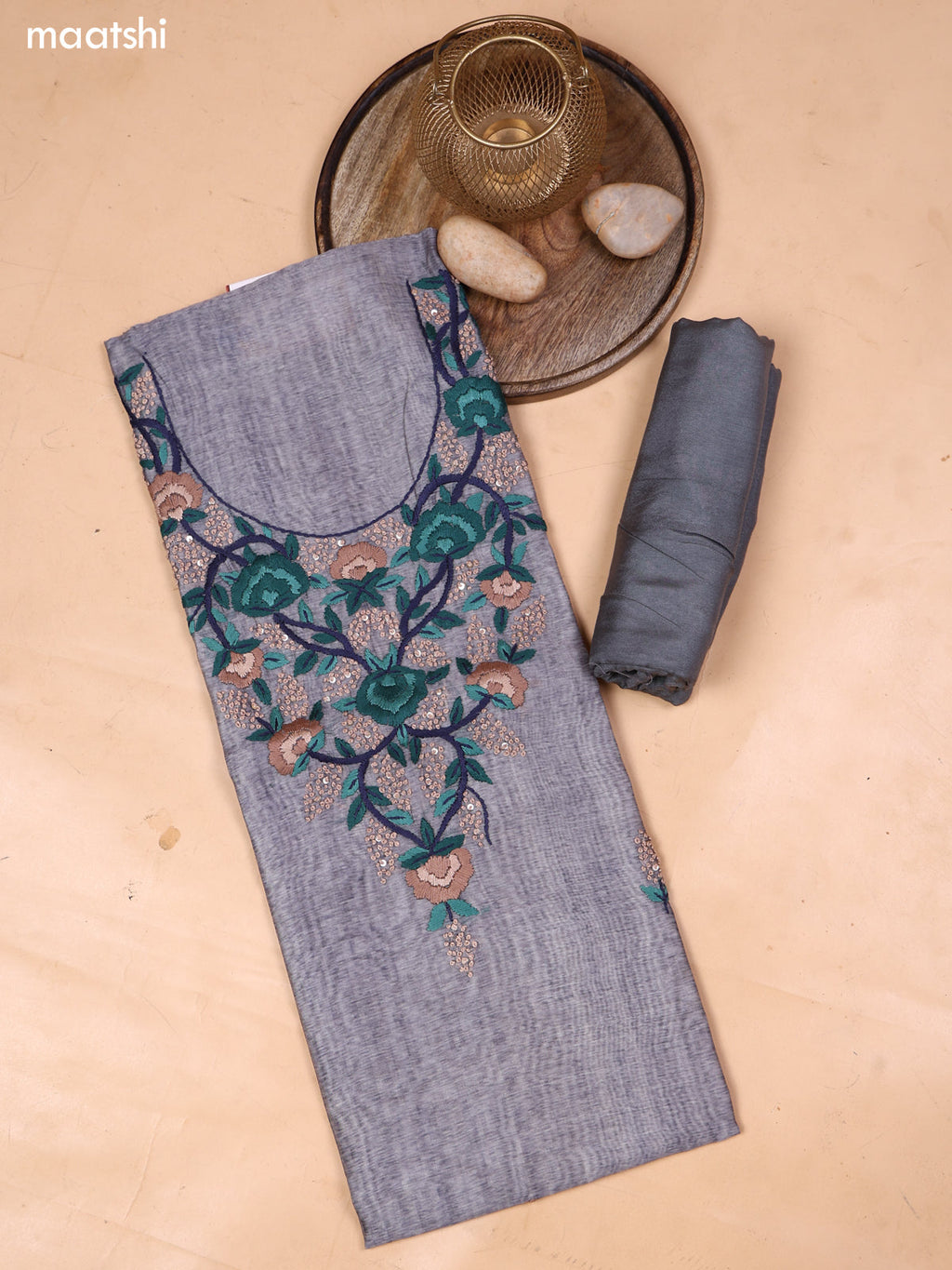 Grey and Blue Mul Chanderi Dress Material With Embroidery Work Neck Pattern and Bottom & Dupatta