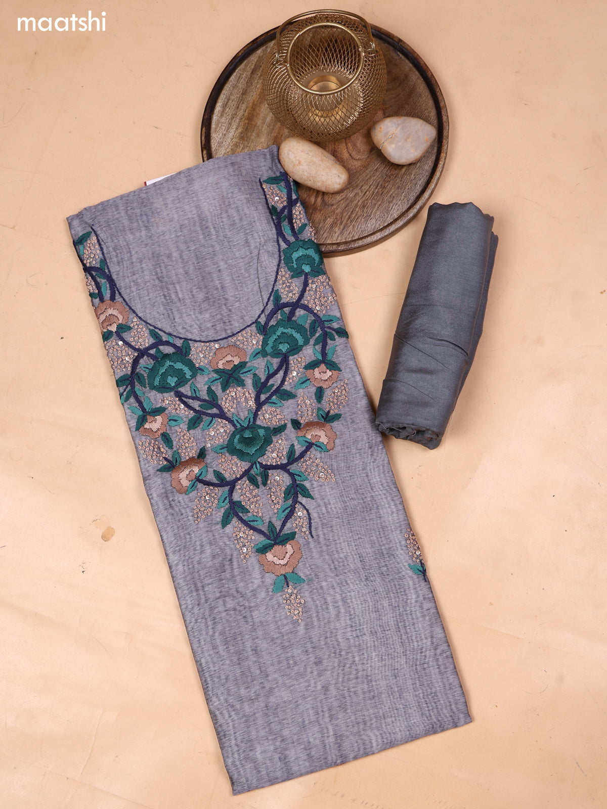 Grey and Blue Mul Chanderi Dress Material With Embroidery Work Neck Pattern and Bottom & Dupatta