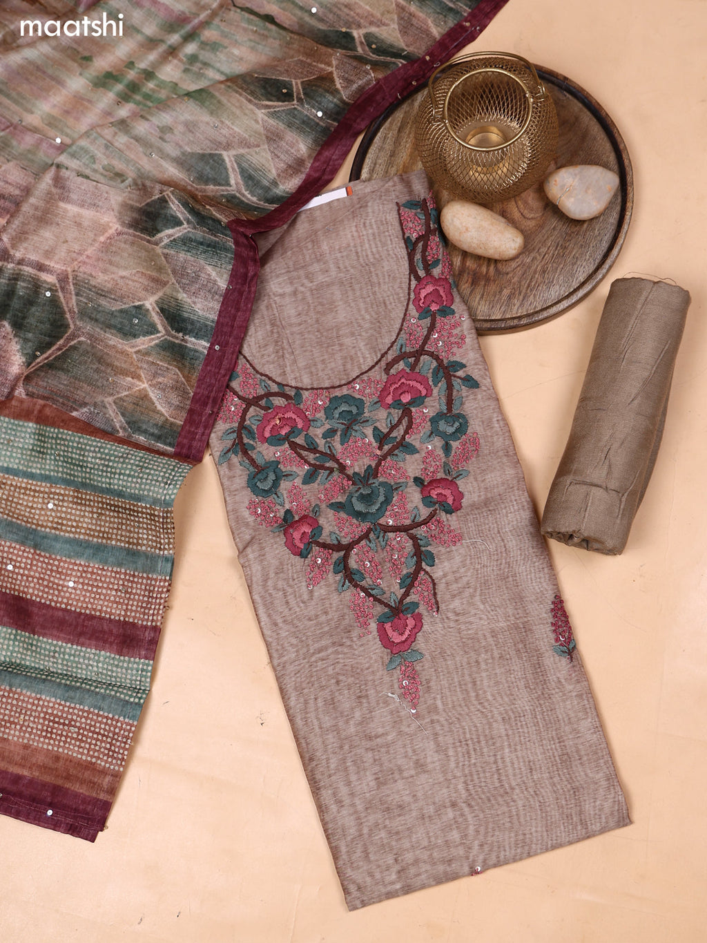 Mehendi Green and Brown Mul Chanderi Dress Material With Embroidery Work Neck Pattern and Bottom & Dupatta