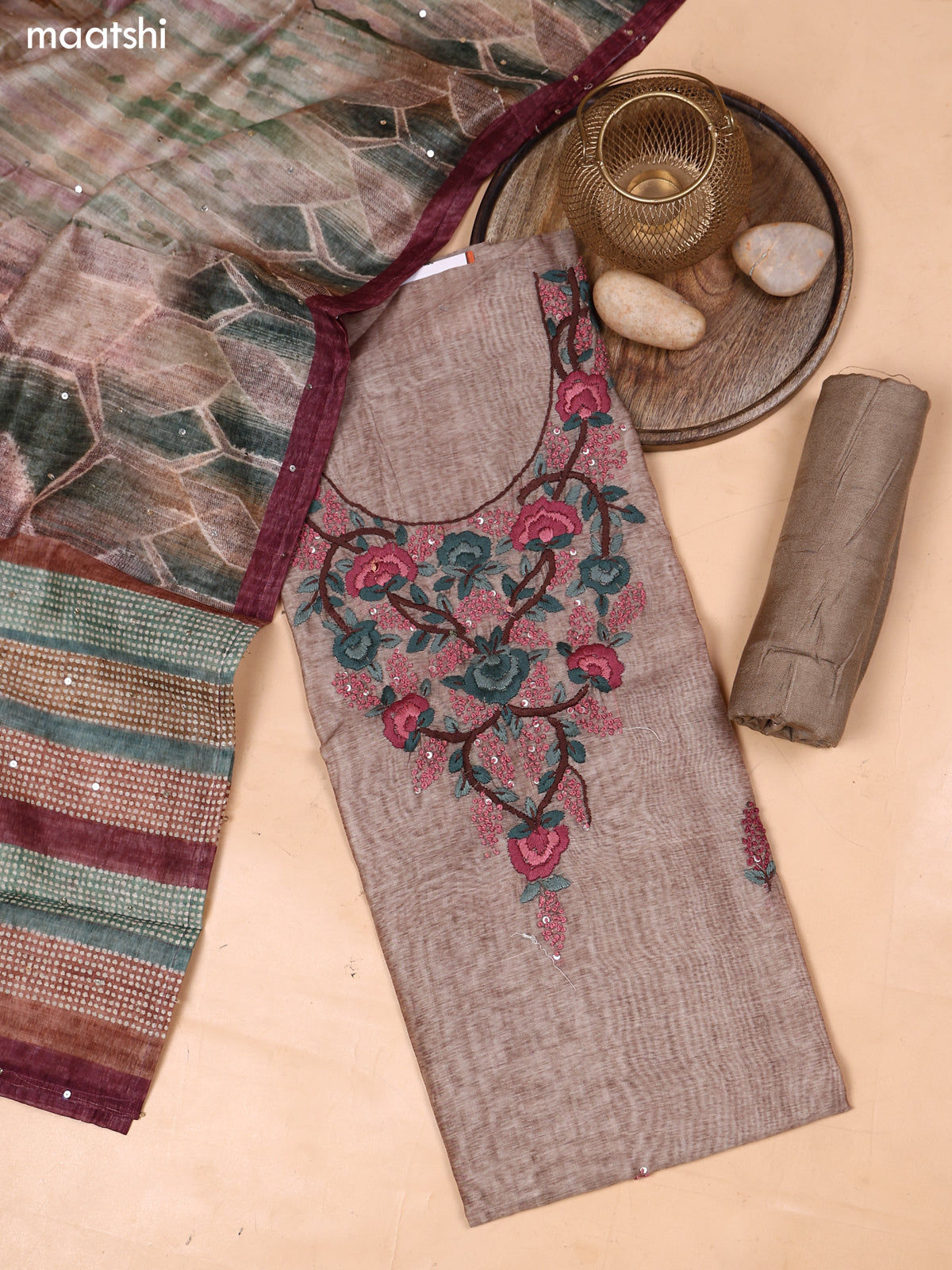 Mehendi Green and Brown Mul Chanderi Dress Material With Embroidery Work Neck Pattern and Bottom & Dupatta