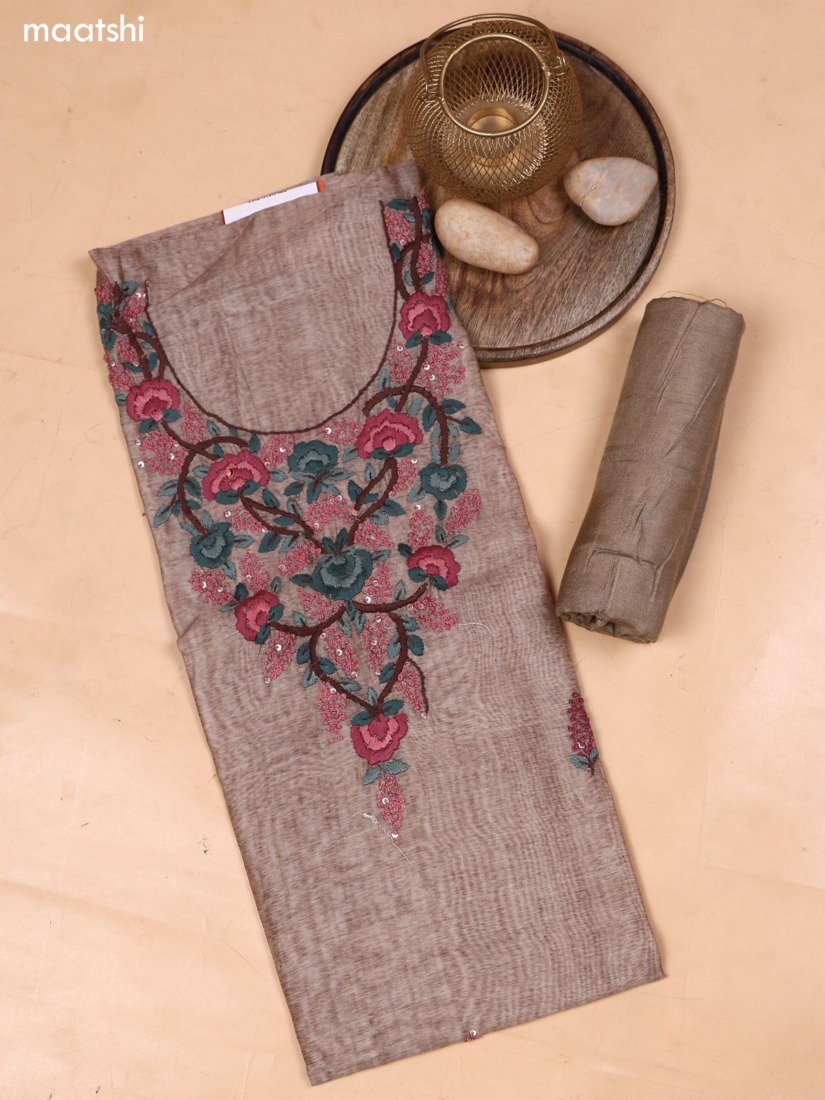 Mehendi Green and Brown Mul Chanderi Dress Material With Embroidery Work Neck Pattern and Bottom & Dupatta