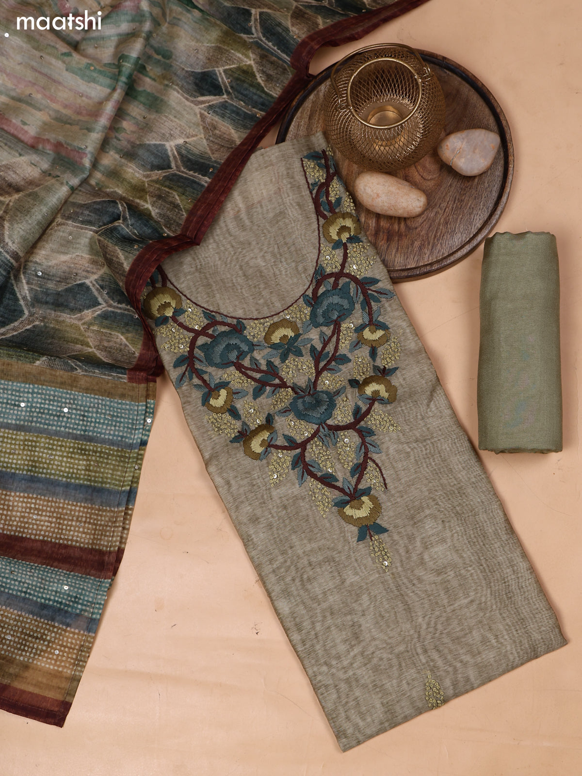 Pastel Green and Brown Mul Chanderi Dress Material With Embroidery Work Neck Pattern and Bottom & Dupatta