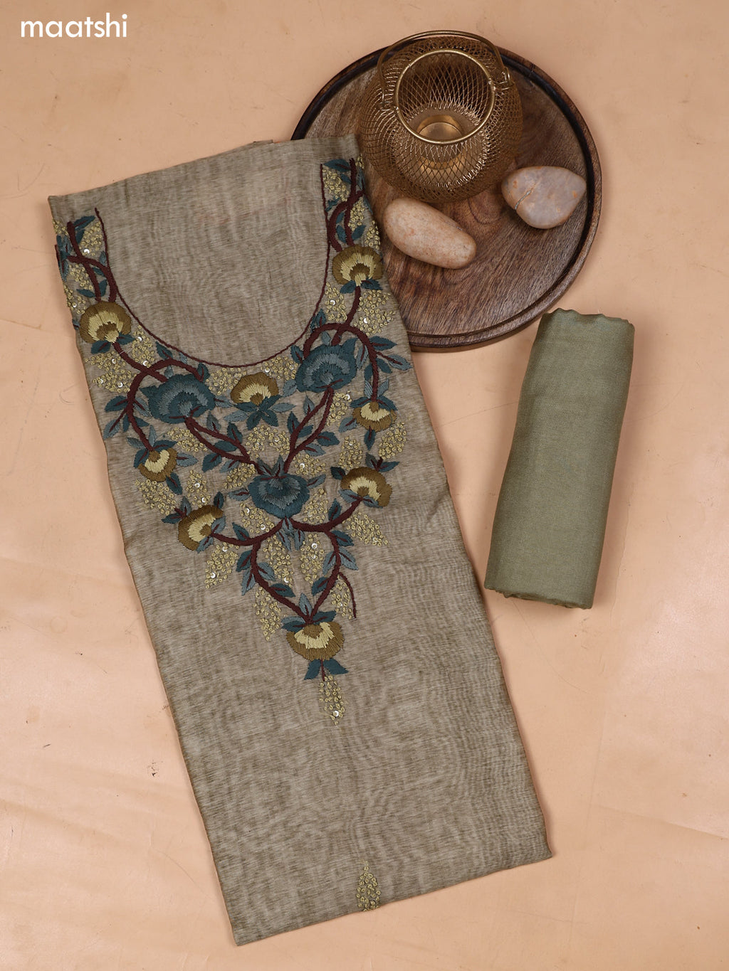 Pastel Green and Brown Mul Chanderi Dress Material With Embroidery Work Neck Pattern and Bottom & Dupatta