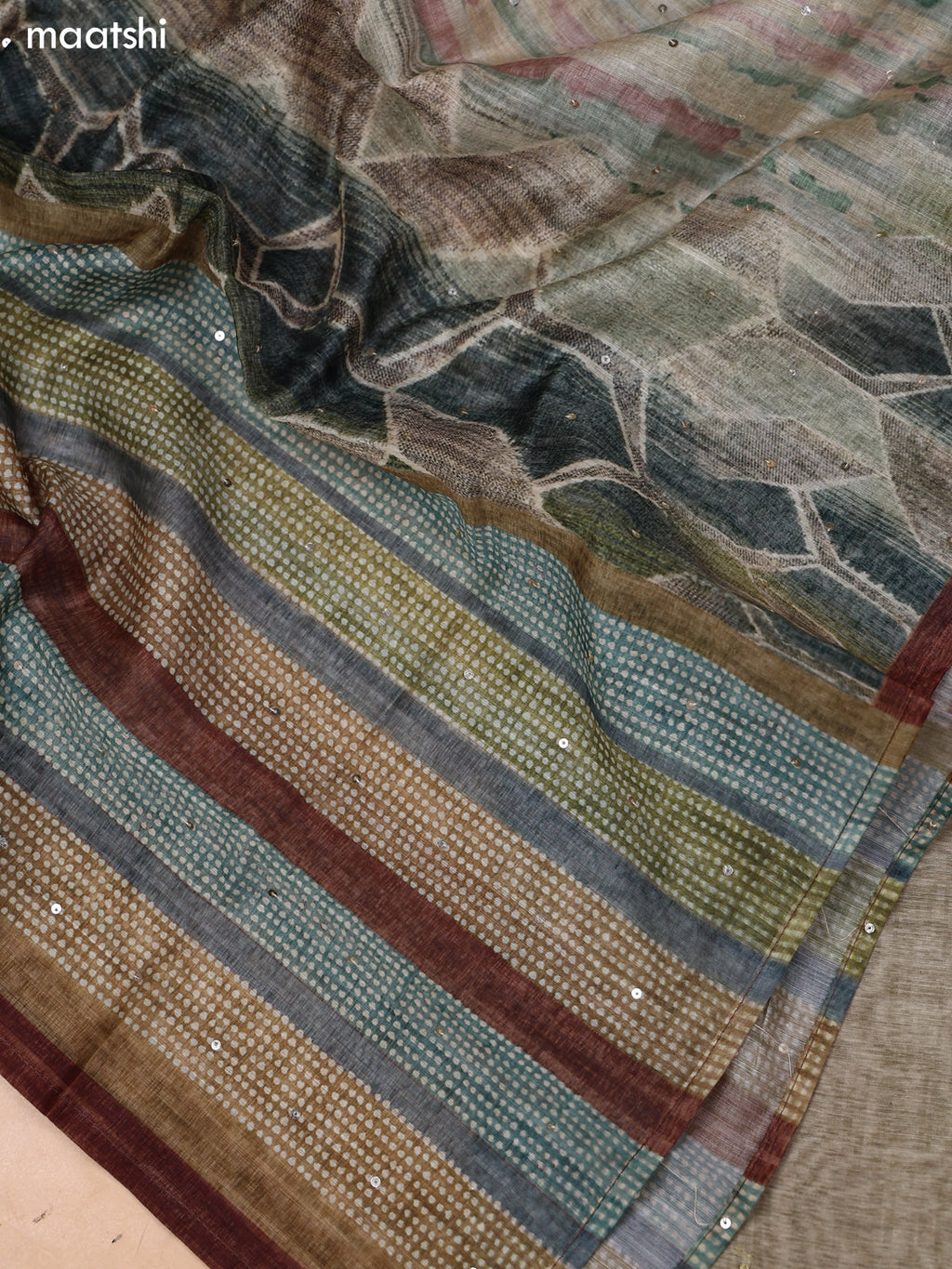 Pastel Green and Brown Mul Chanderi Dress Material With Embroidery Work Neck Pattern and Bottom & Dupatta