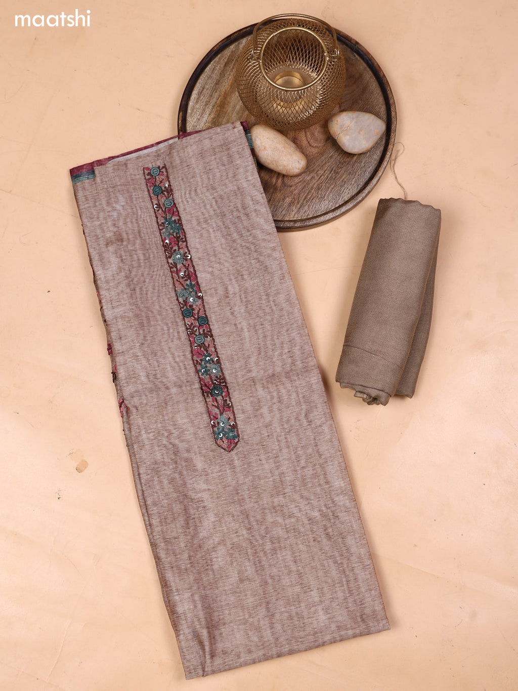 Pastel Brown Mul Chanderi Dress Material With Embroidery Work Neck Pattern and Bottom & Dupatta