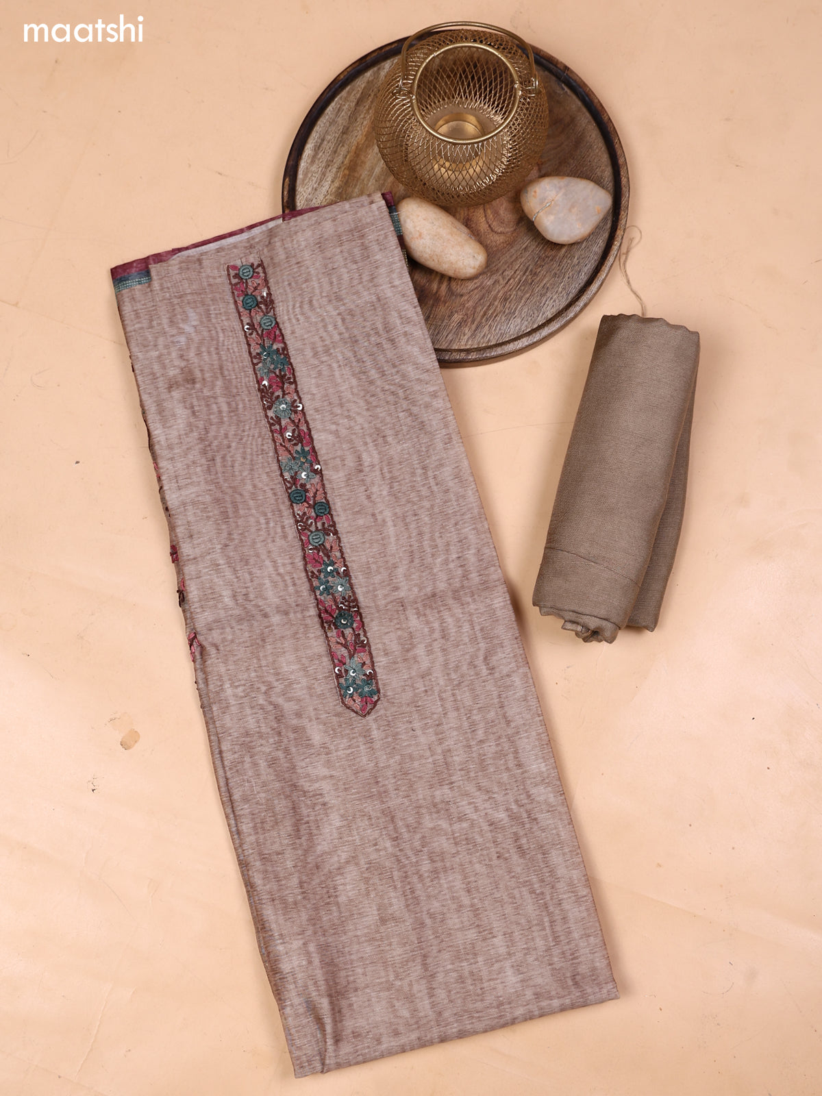 Pastel Brown Mul Chanderi Dress Material With Embroidery Work Neck Pattern and Bottom & Dupatta
