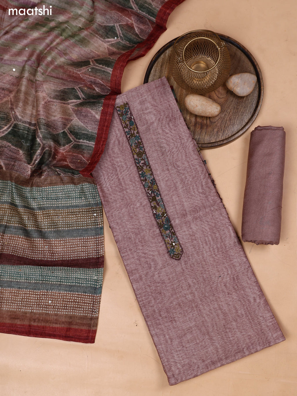 Pastel Brown Mul Chanderi Dress Material With Embroidery Work Neck Pattern and Bottom & Dupatta