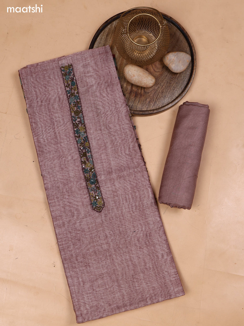 Pastel Brown Mul Chanderi Dress Material With Embroidery Work Neck Pattern and Bottom & Dupatta