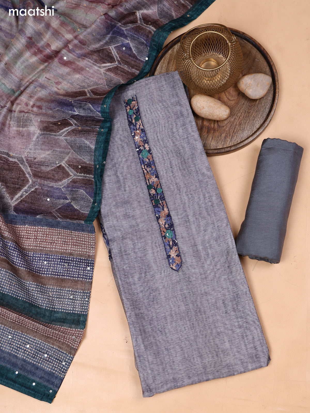 Grey and Peacock Green Mul Chanderi Dress Material With Embroidery Work Neck Pattern and Bottom & Dupatta