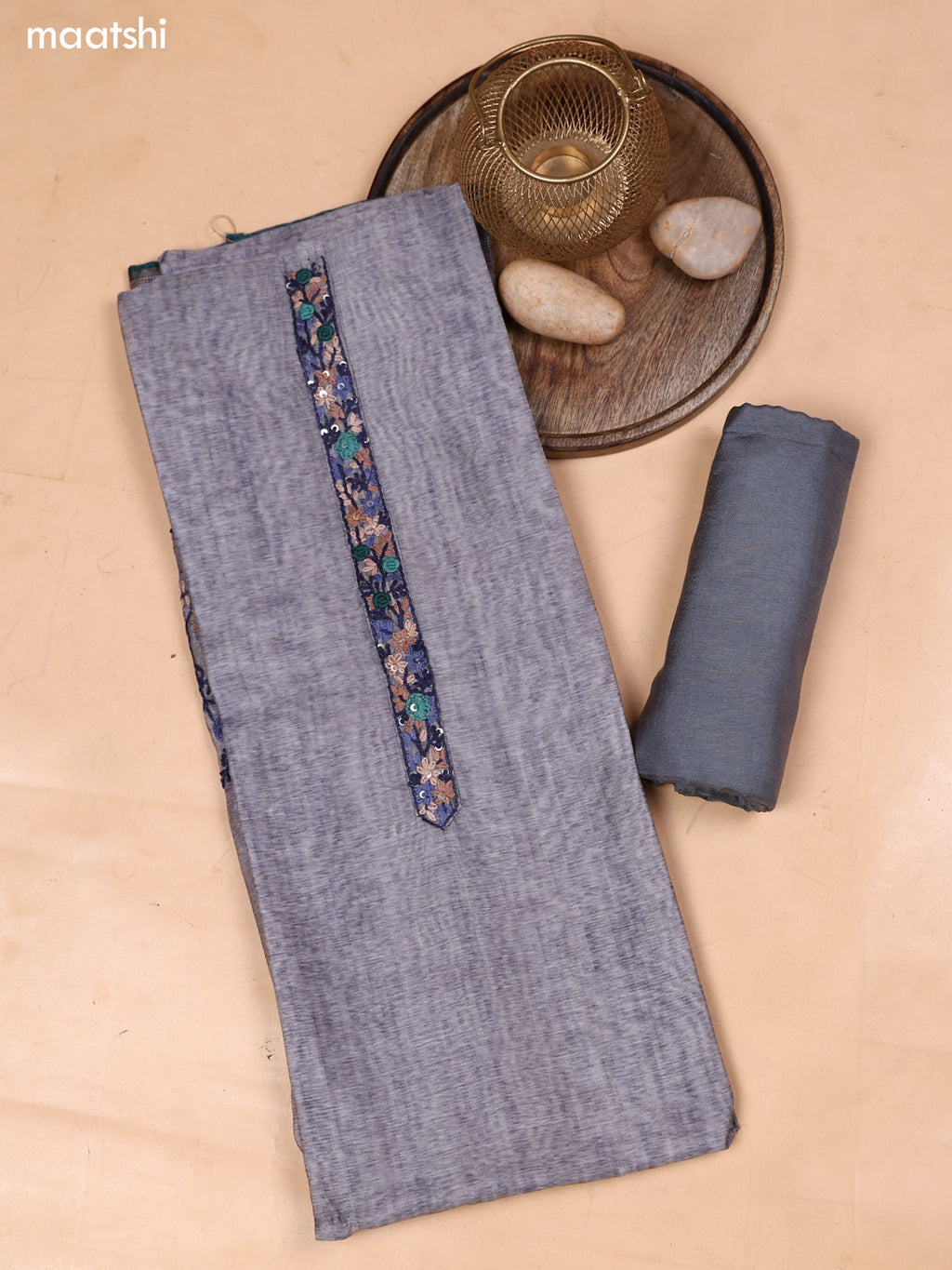 Grey and Peacock Green Mul Chanderi Dress Material With Embroidery Work Neck Pattern and Bottom & Dupatta