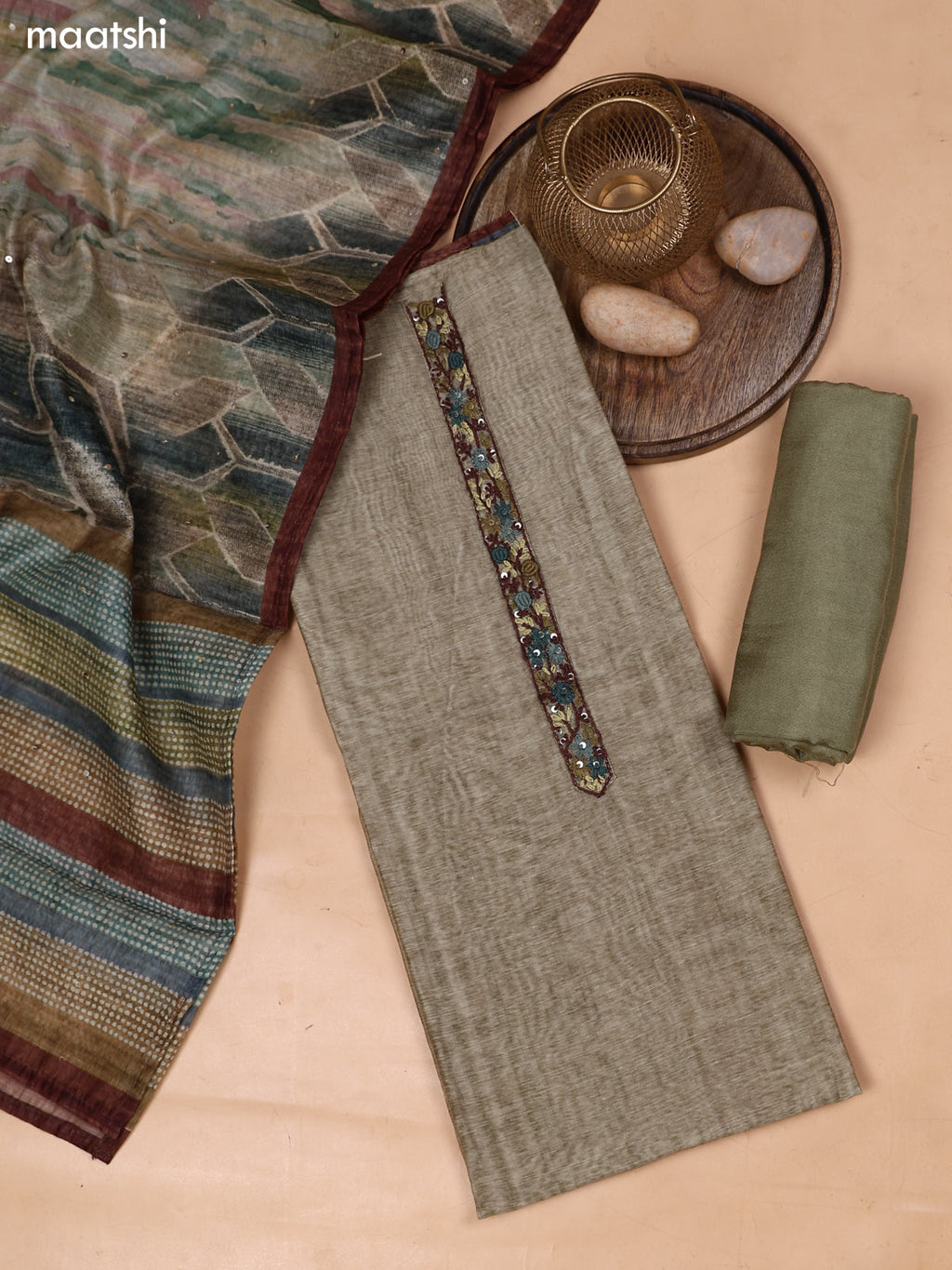 Pastel Green and Brown Mul Chanderi Dress Material With Embroidery Work Neck Pattern and Bottom & Dupatta