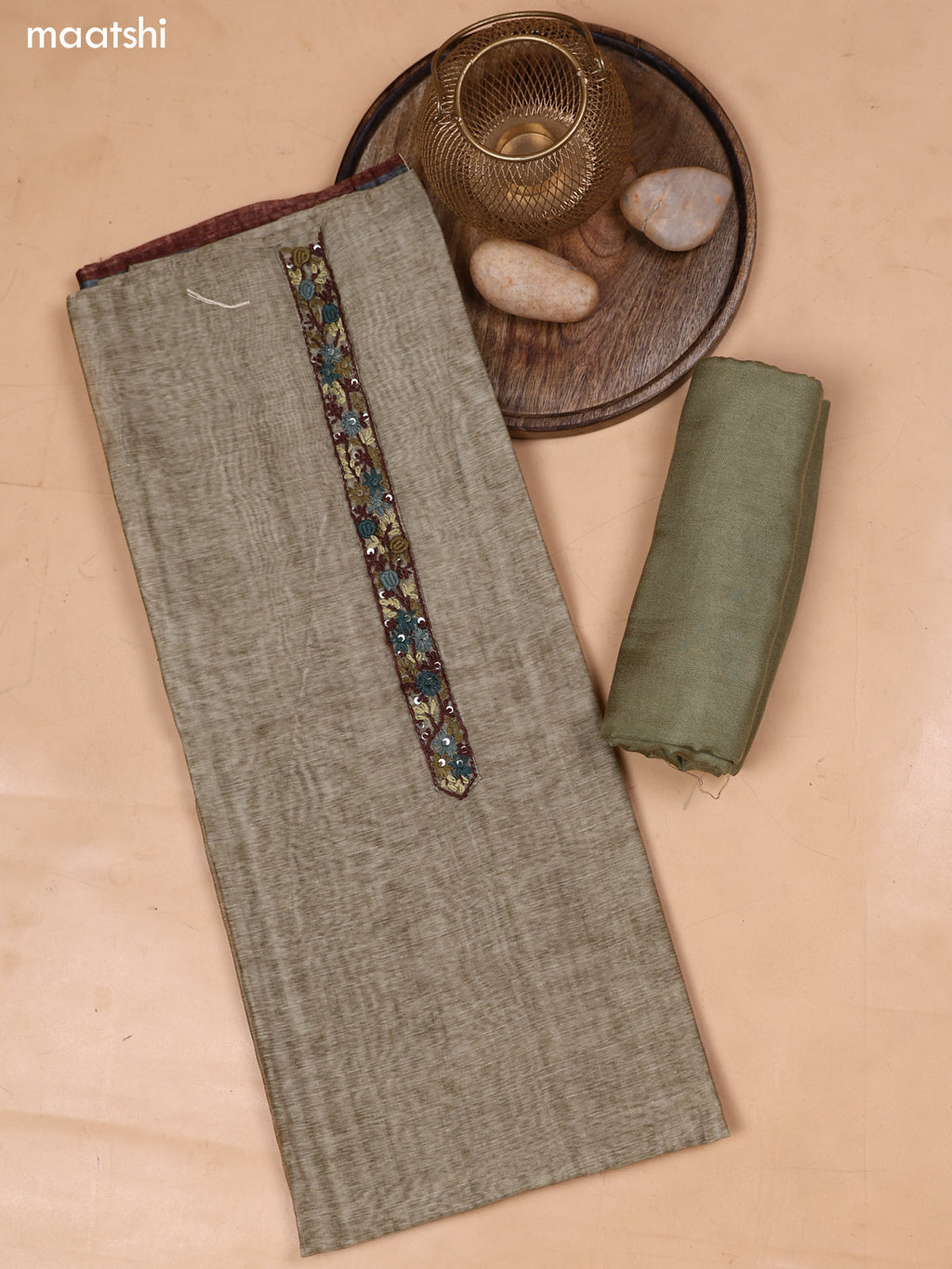 Pastel Green and Brown Mul Chanderi Dress Material With Embroidery Work Neck Pattern and Bottom & Dupatta