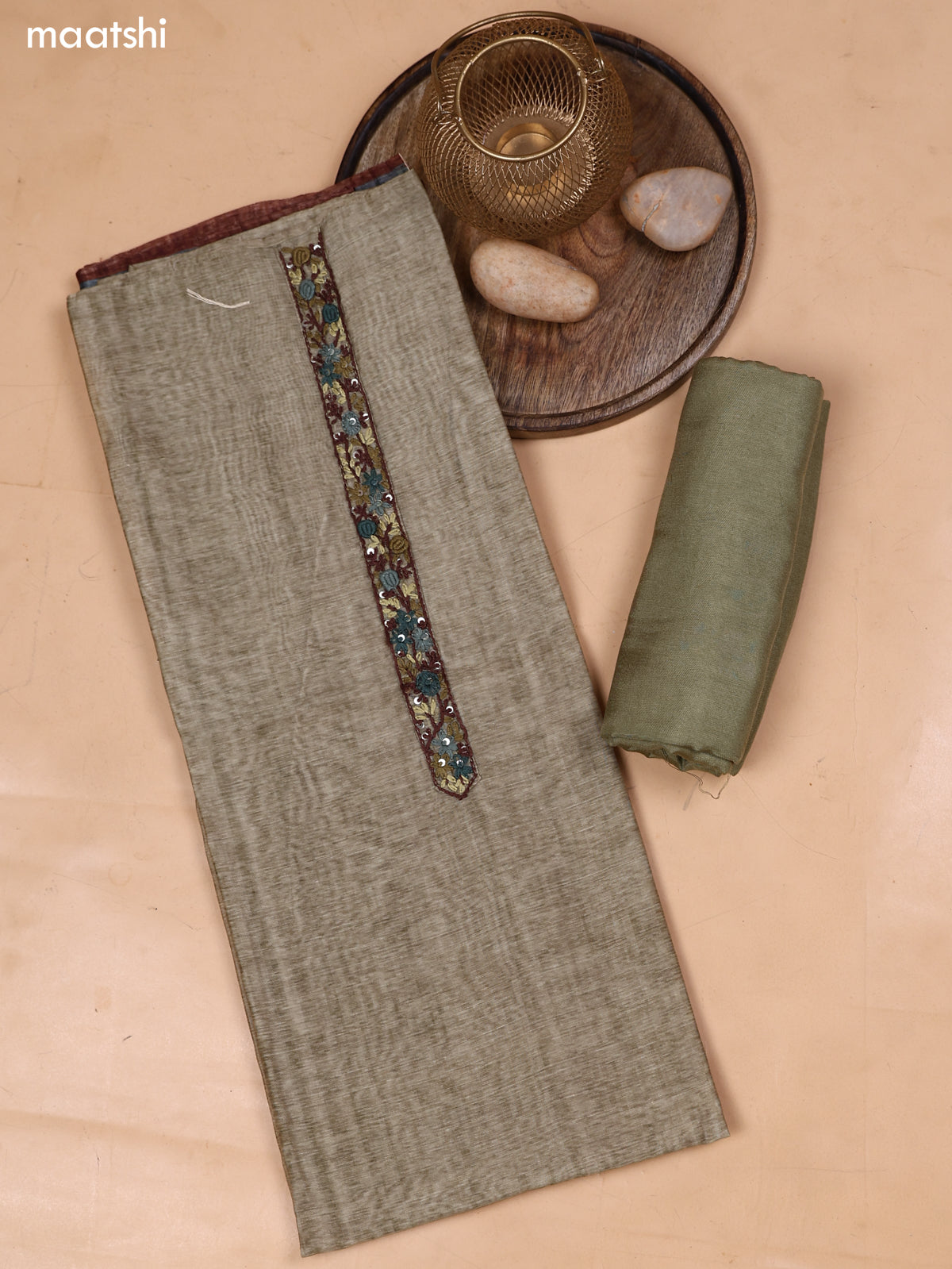 Pastel Green and Brown Mul Chanderi Dress Material With Embroidery Work Neck Pattern and Bottom & Dupatta