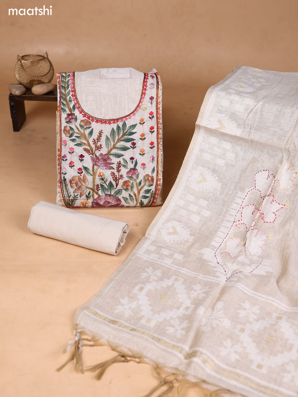 Biege Art Silk Dress Material With Embroidery Work Neck Pattern and Bottom & Dupatta