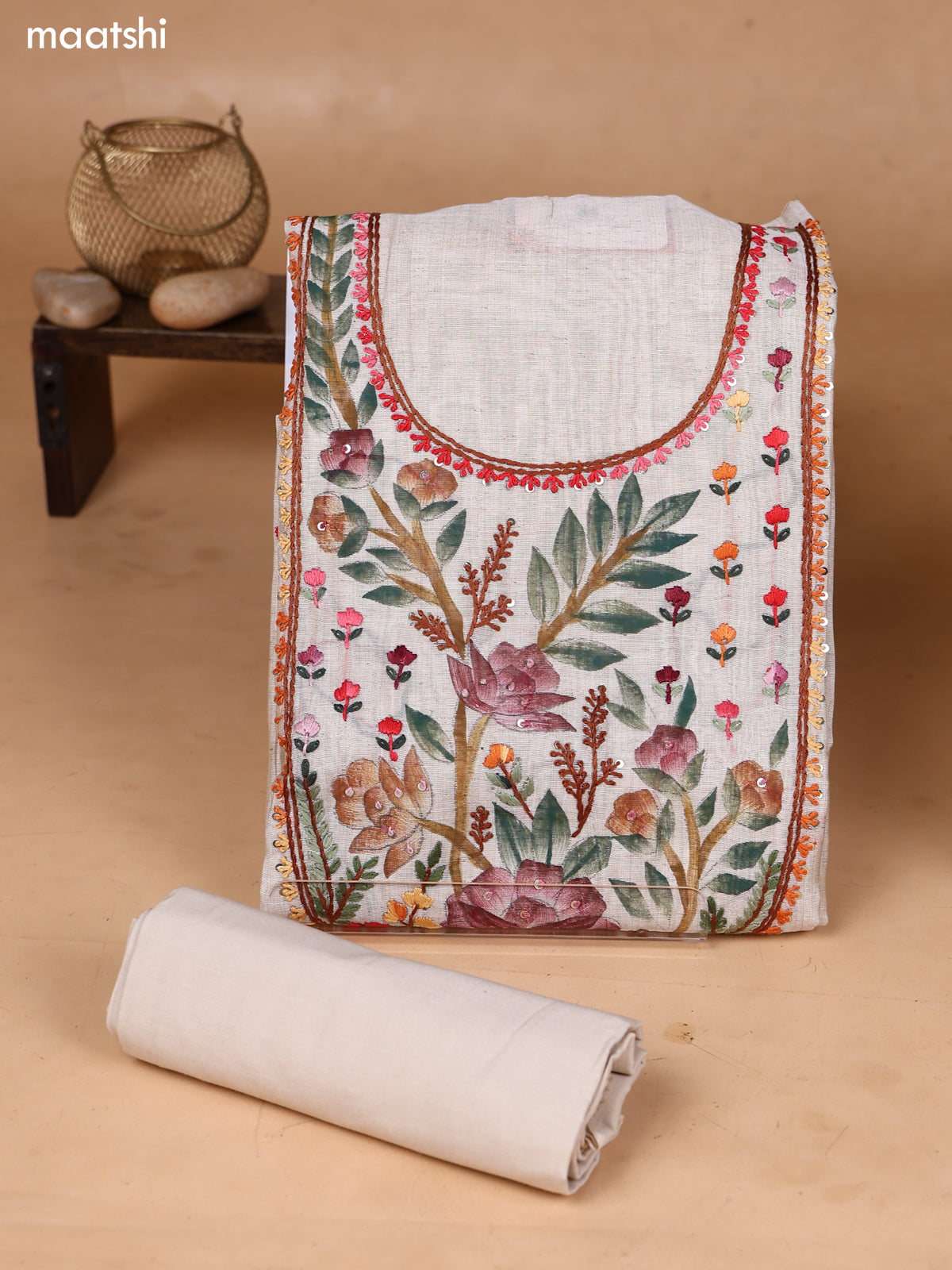 Biege Art Silk Dress Material With Embroidery Work Neck Pattern and Bottom & Dupatta
