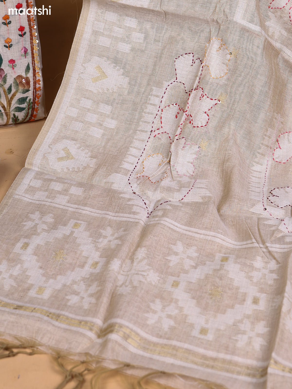 Biege Art Silk Dress Material With Embroidery Work Neck Pattern and Bottom & Dupatta