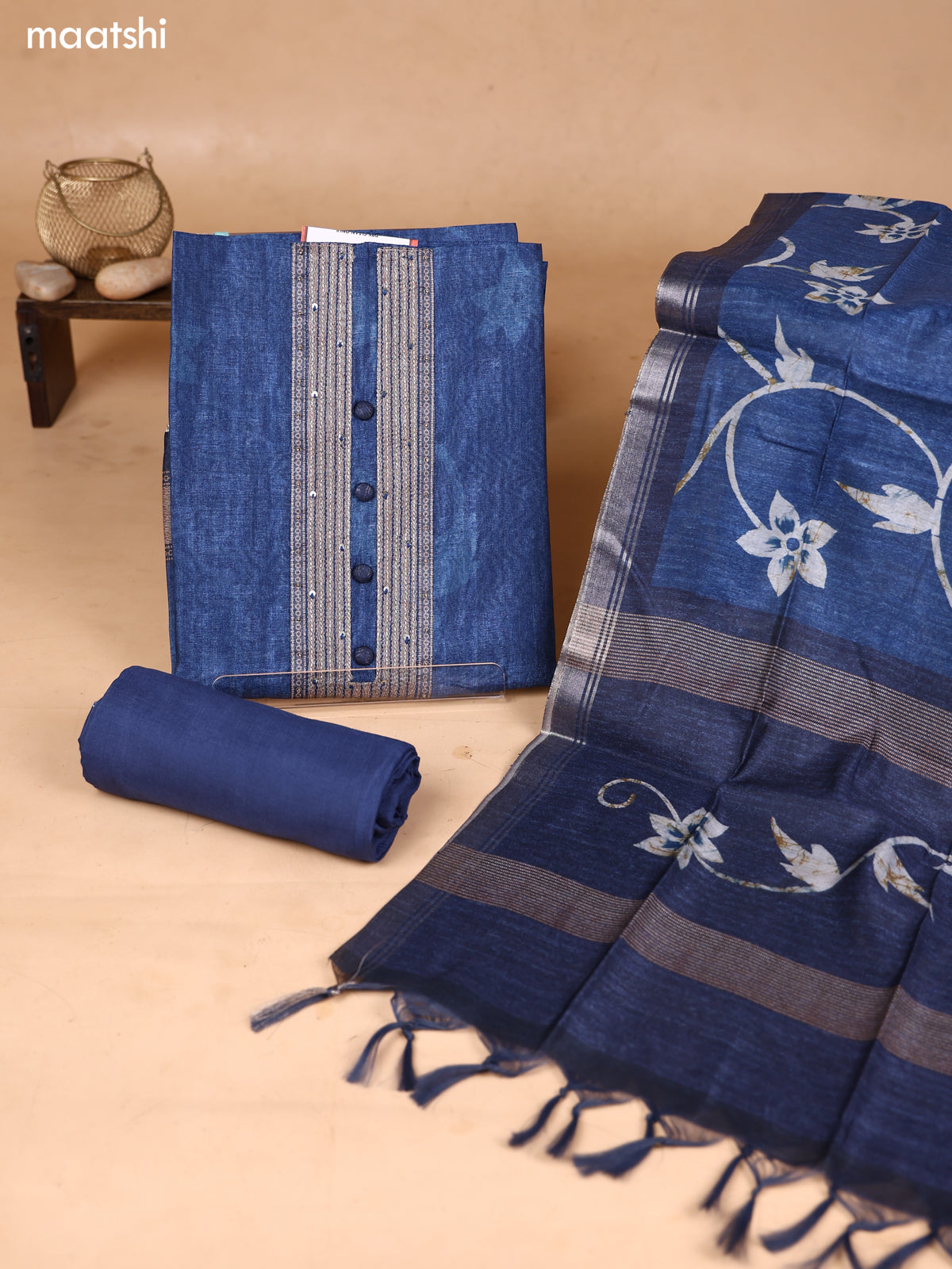 Blue and Grey Art Silk Dress Material With Embroidery Work Neck Pattern and Bottom & Dupatta