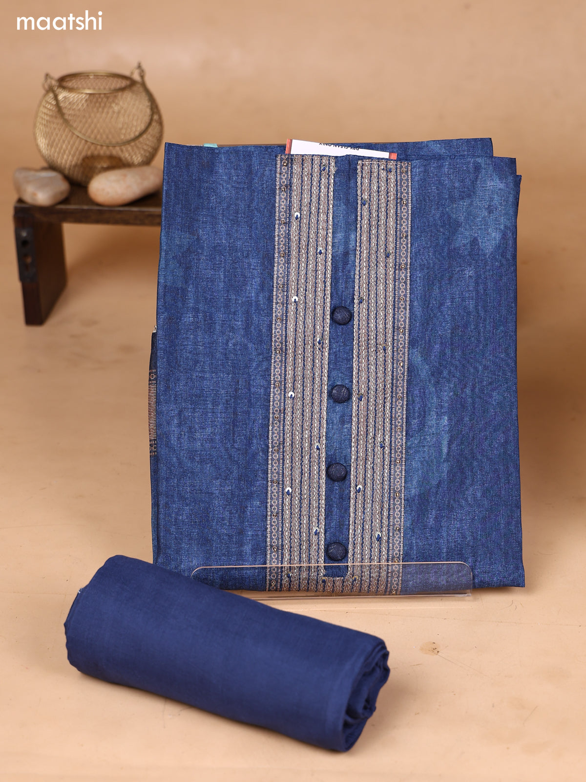Blue and Grey Art Silk Dress Material With Embroidery Work Neck Pattern and Bottom & Dupatta