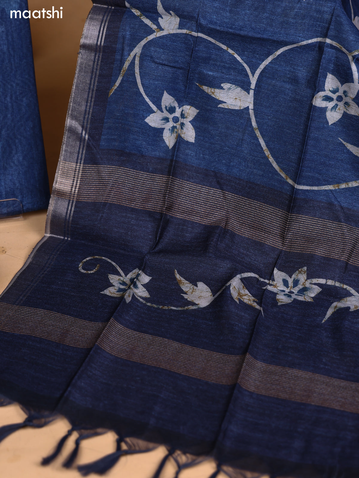 Blue and Grey Art Silk Dress Material With Embroidery Work Neck Pattern and Bottom & Dupatta