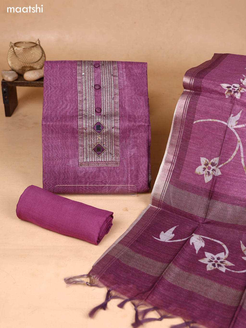Purple and Biege Art Silk Dress Material With Embroidery Work Neck Pattern and Bottom & Dupatta