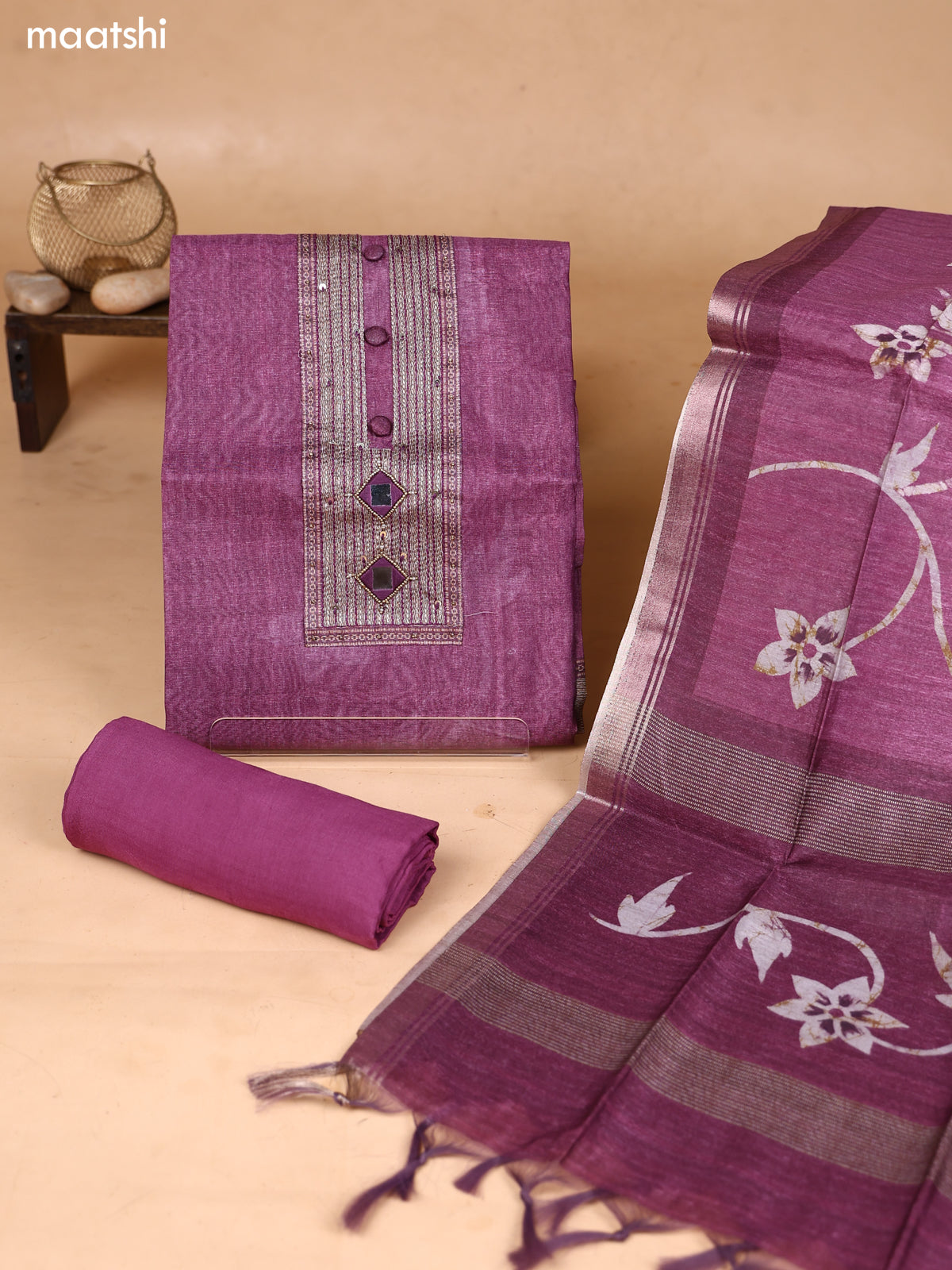 Purple and Biege Art Silk Dress Material With Embroidery Work Neck Pattern and Bottom & Dupatta