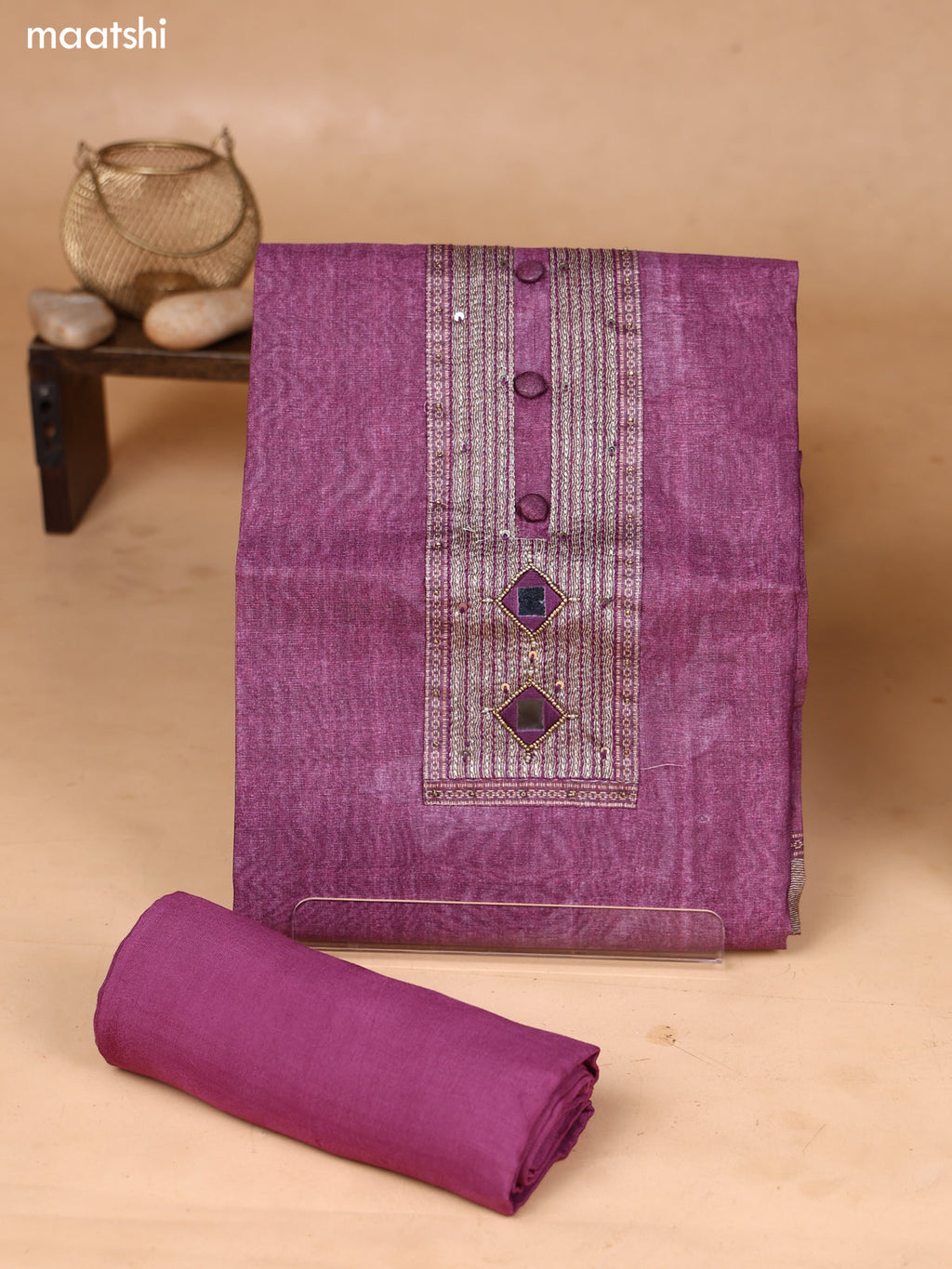 Purple and Biege Art Silk Dress Material With Embroidery Work Neck Pattern and Bottom & Dupatta