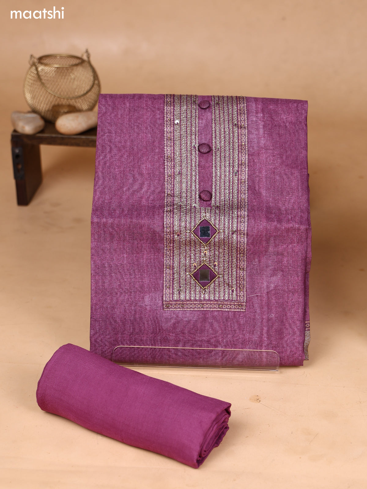 Purple and Biege Art Silk Dress Material With Embroidery Work Neck Pattern and Bottom & Dupatta